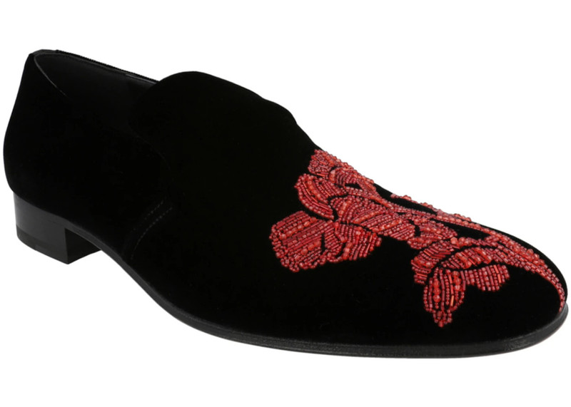 Alexander McQueen Alexander McQueen Beaded Orchid Velvet Loafers Black Red outlook