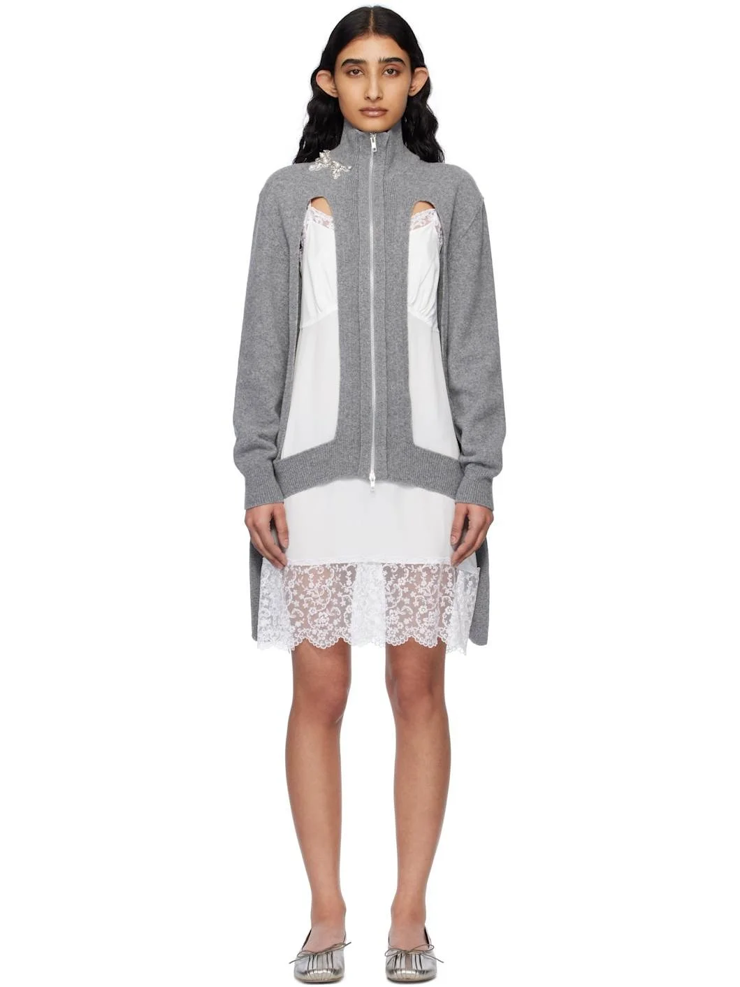 Gray Embellished Window Zip-Up Cardigan - 1