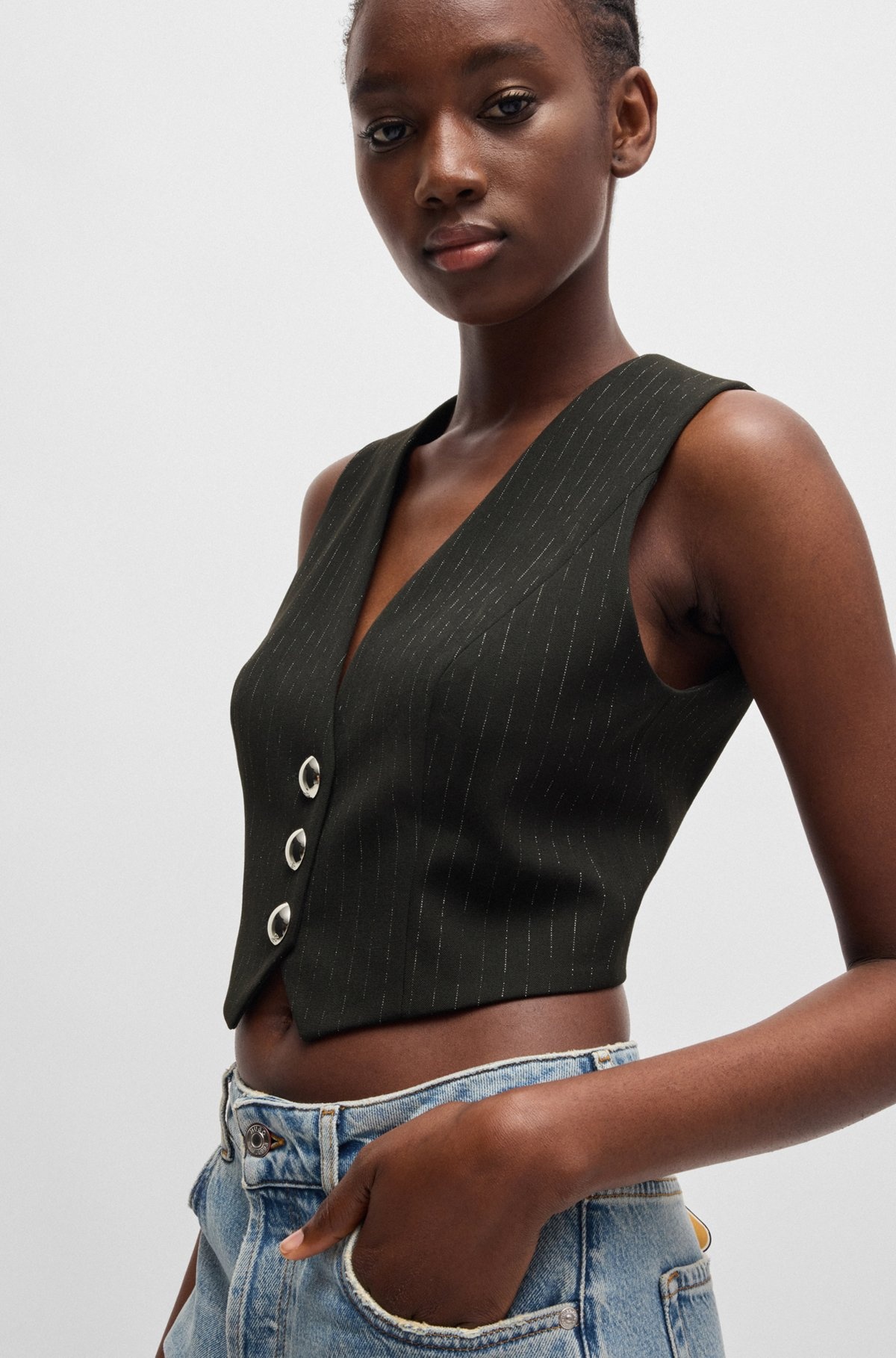 SLIM-FIT CROPPED WAISTCOAT WITH SPARKLE PINSTRIPE - 5