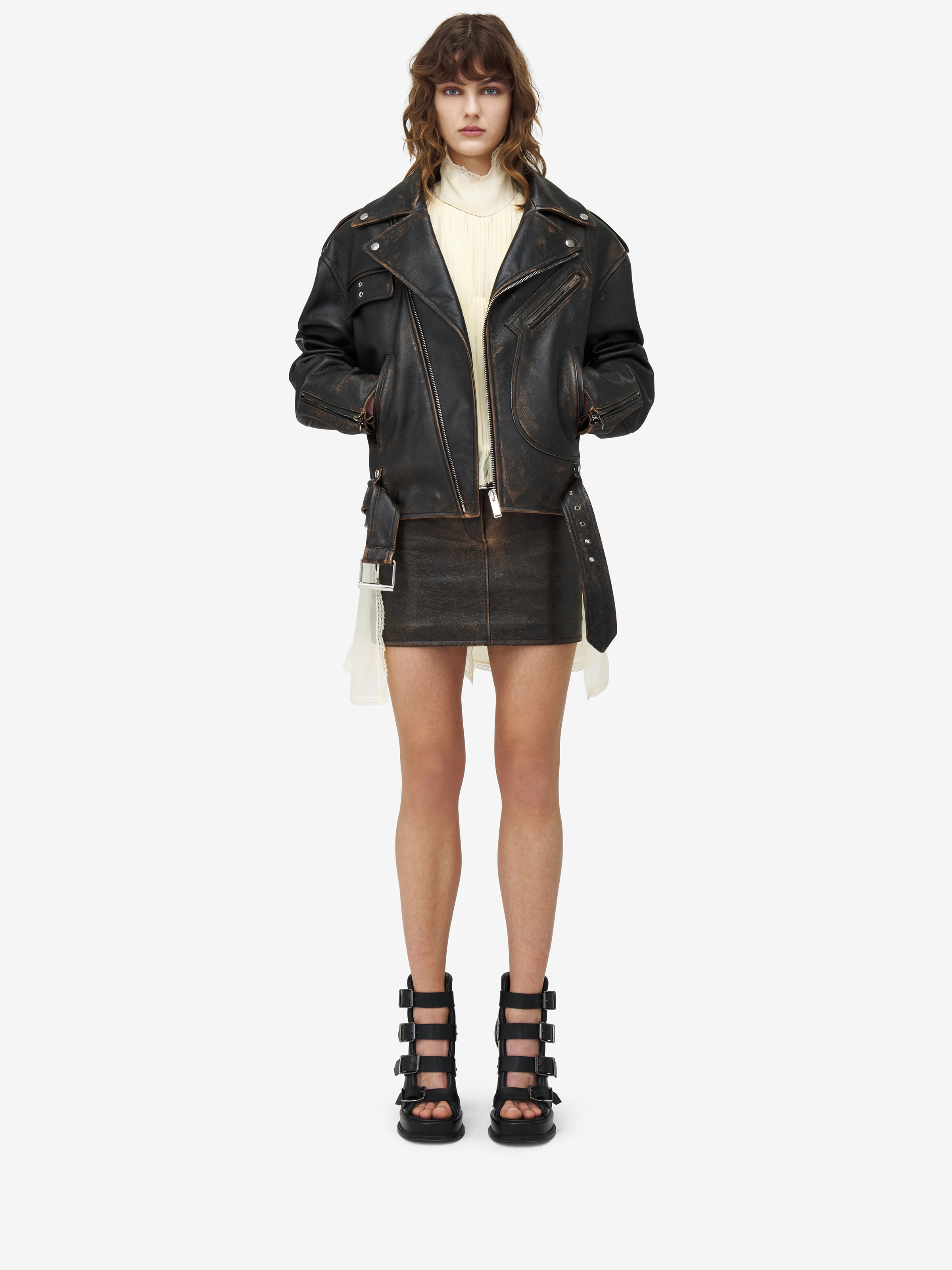 Oversized Antiqued Leather Biker Jacket - 3
