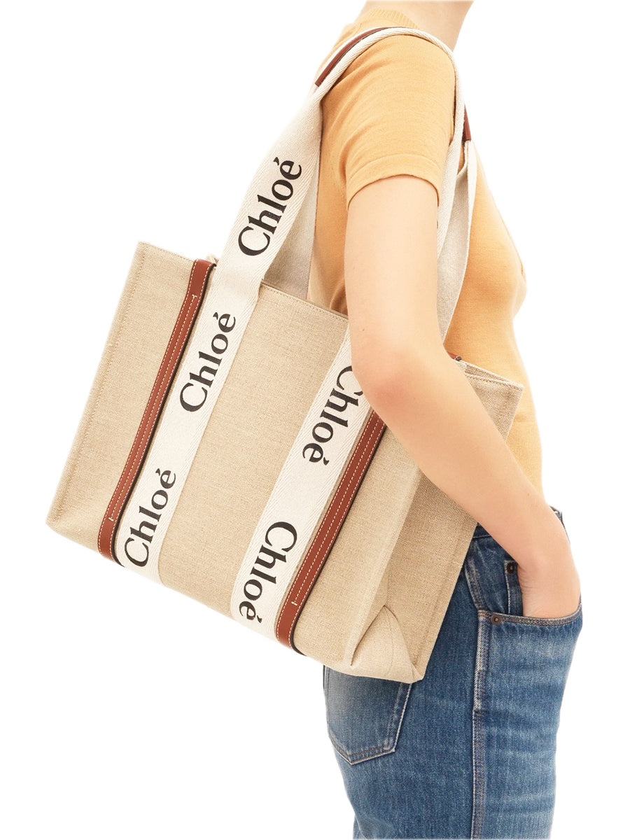 Medium Woody Tote Bag in Linen White/Brown - 6