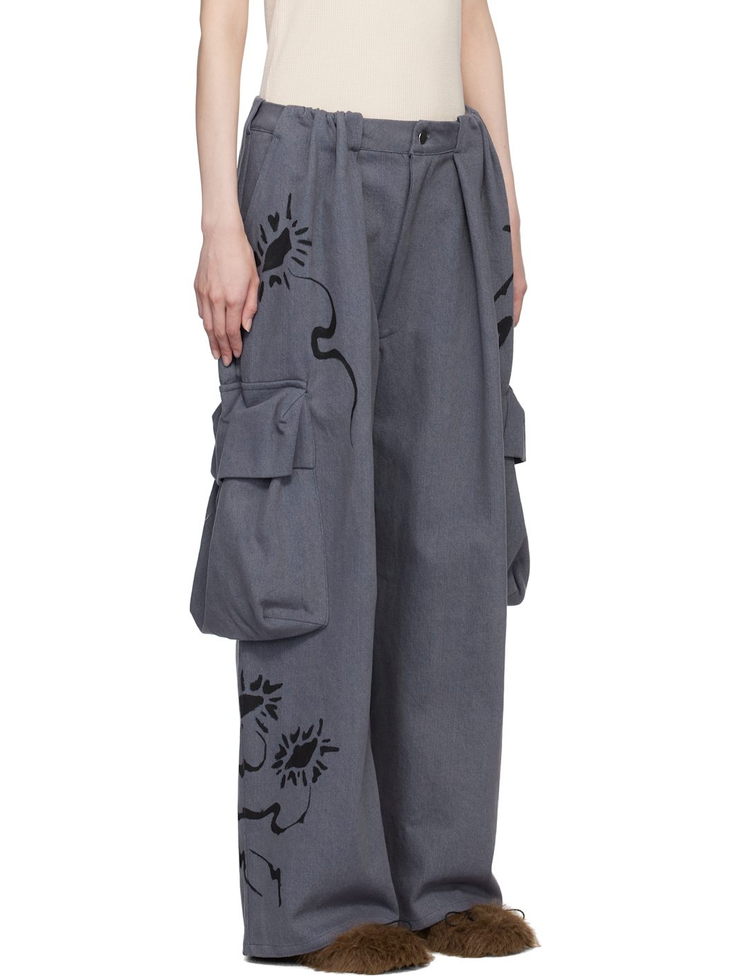 Blue Pleated Denim Cargo Pants - 2