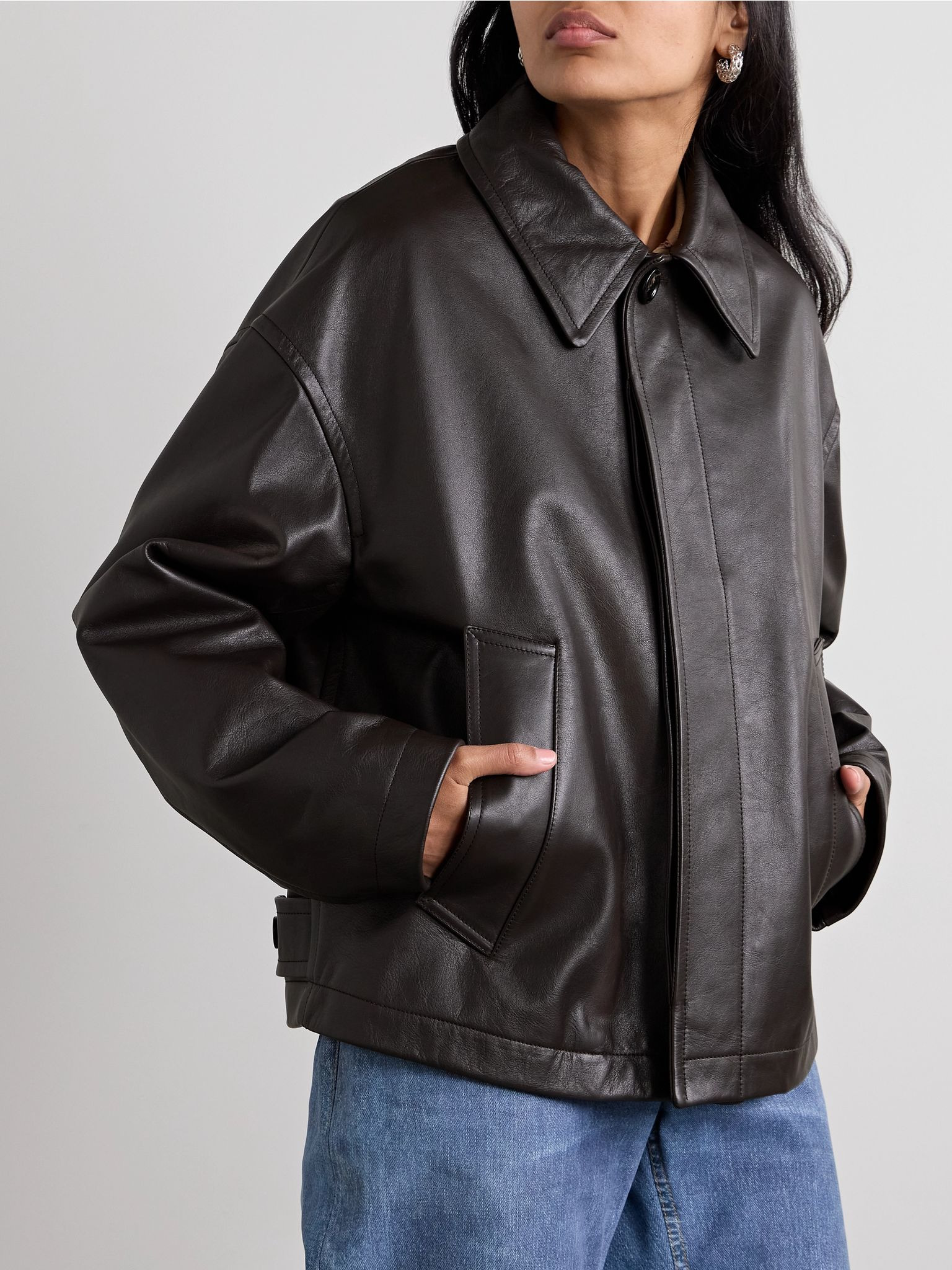 Shearling-trimmed leather jacket Dark brown - 6
