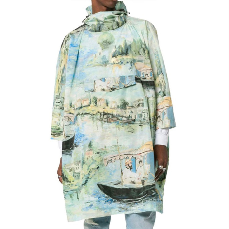 Off-White Men's Off-White Painting Pattern Mid-Length Nylon Pullover Hooded Loose Fit Green Windbreaker OMEI00 outlook