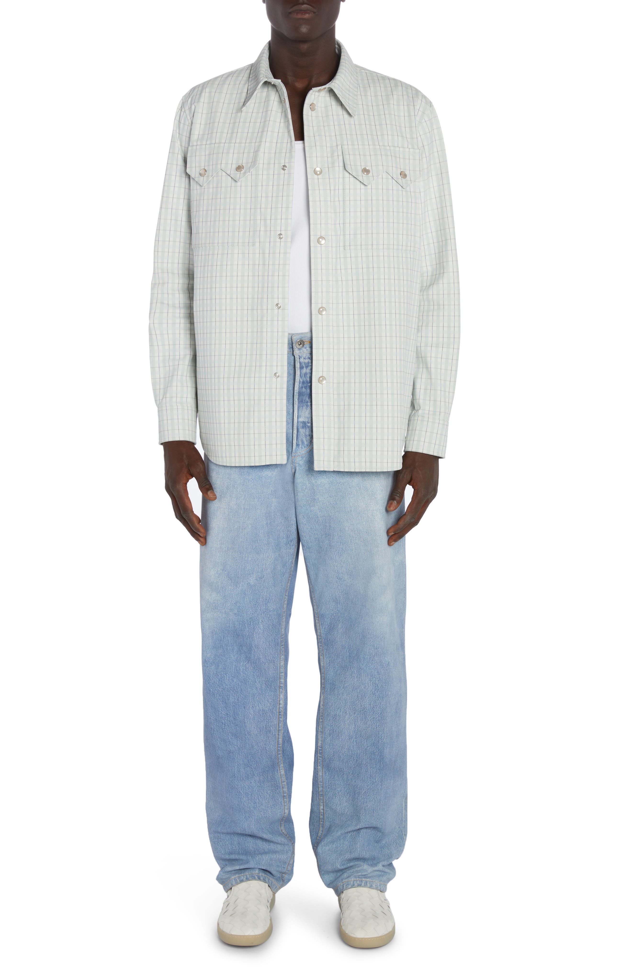 Bottega Veneta Check Print Leather Snap-Up Western Shirt in White/Grey/Mint at Nordstrom - 2