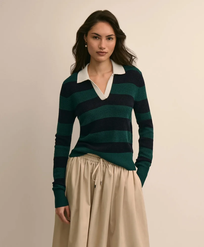 Merino Wool Striped Johnny Collar Sweater - 1