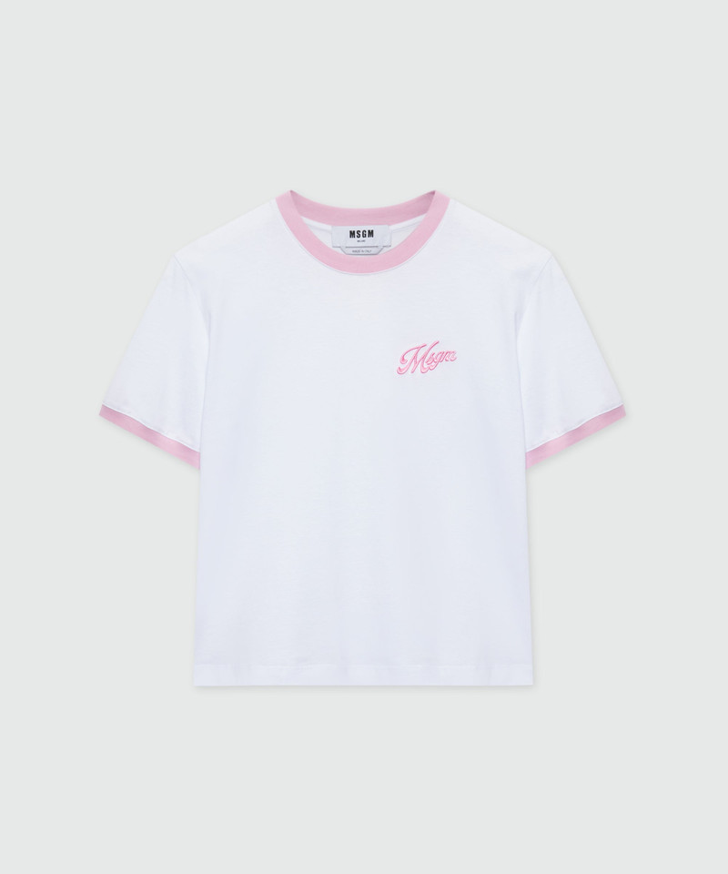 White short-sleeve cotton jersey T-shirt with MSGM embroidery on the chest 1