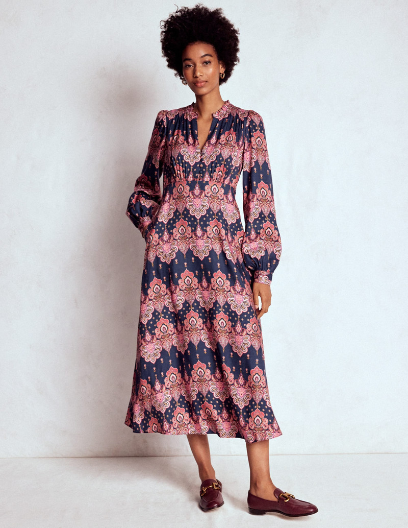 Cassie Smocked Tea Dress-Navy, Embellished Paisley 6