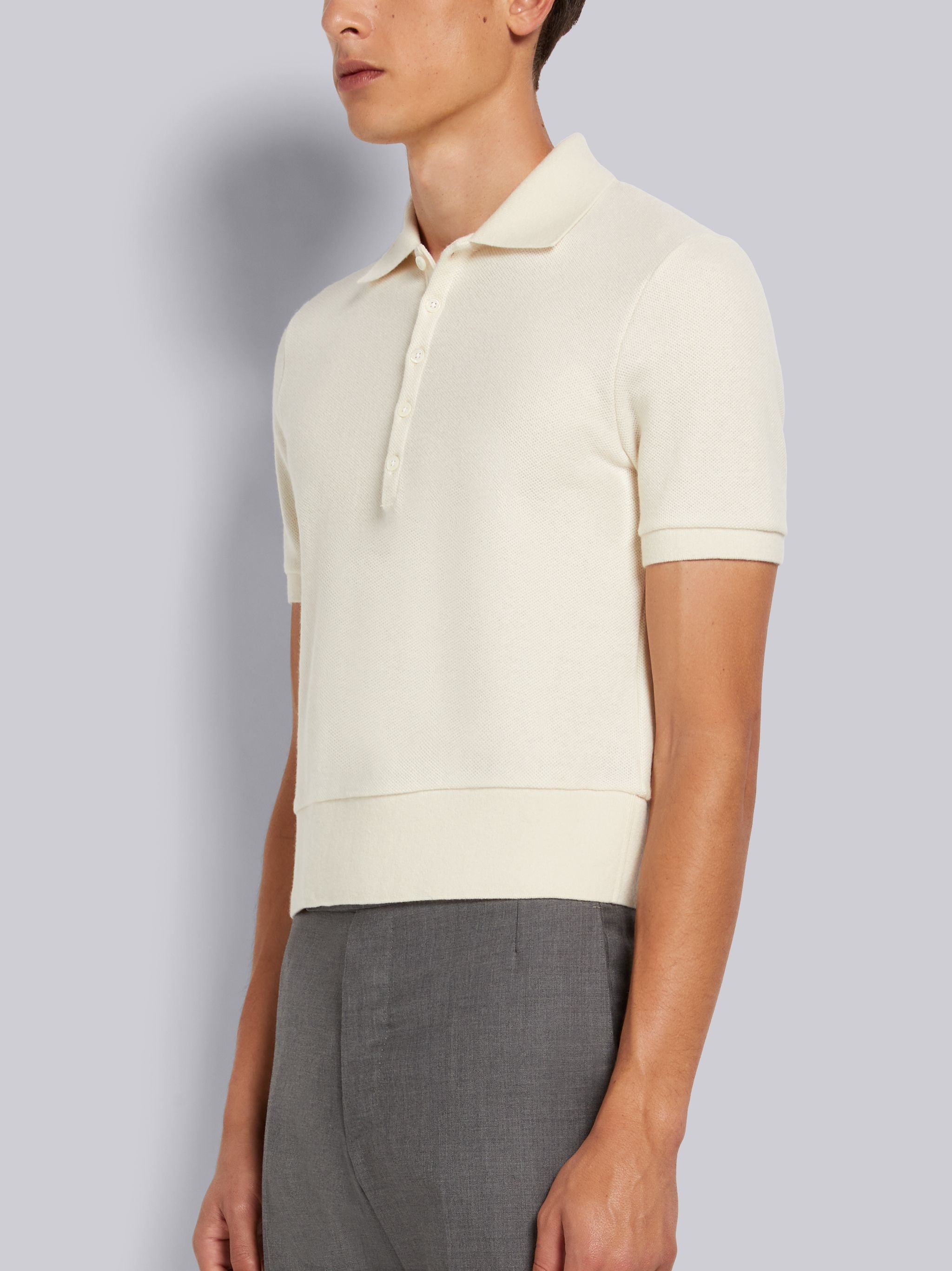 White Cashmere Pique Short Sleeve Rib Cuff Polo - 2