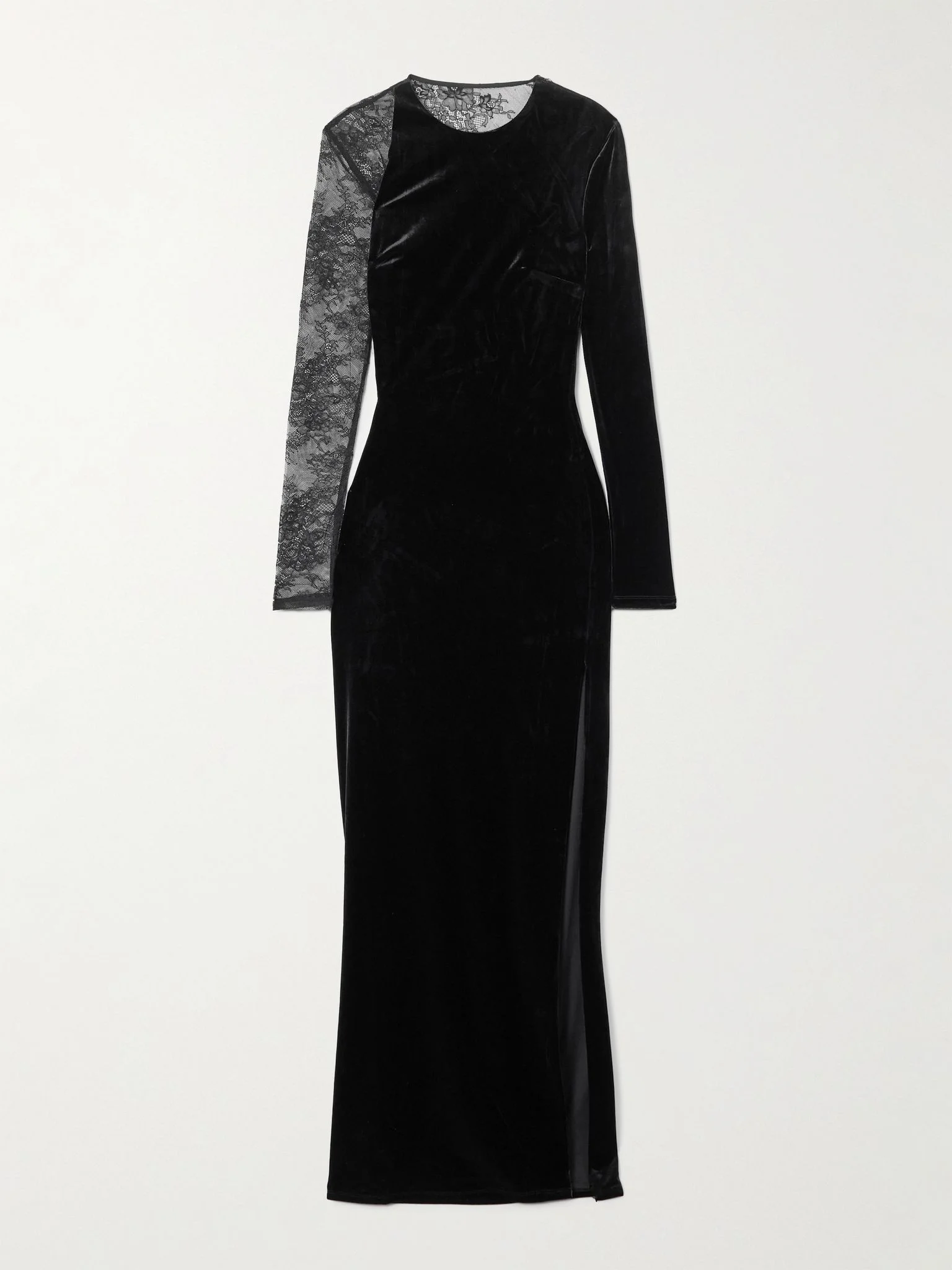 Lace-paneled velvet maxi dress Black - 1