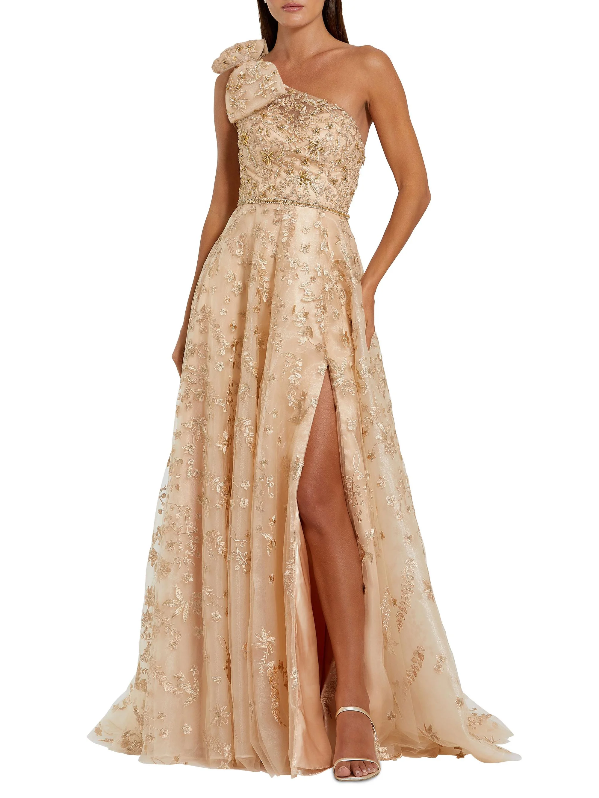 Women's Asymmetric Embellished Tulle A-Line Gown - Champagne - 1