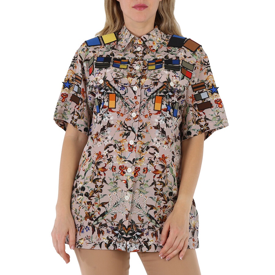 Burberry Badge Appliques Iris Floral-Print Silk Crepe De Chine Oversized Shirt - 3