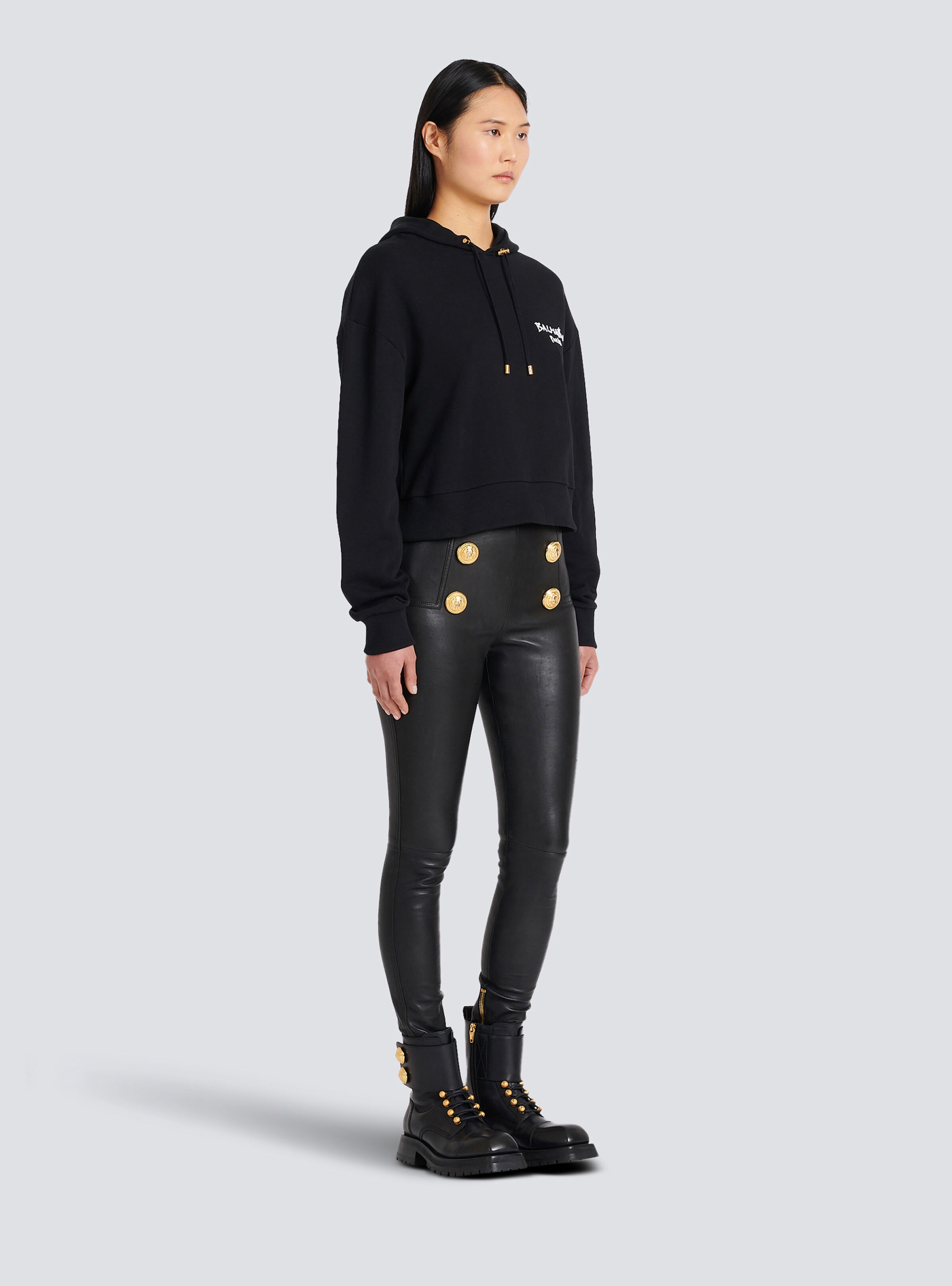 Cropped eco-design cotton sweatshirt with flocked graffiti Balmain logo - 6