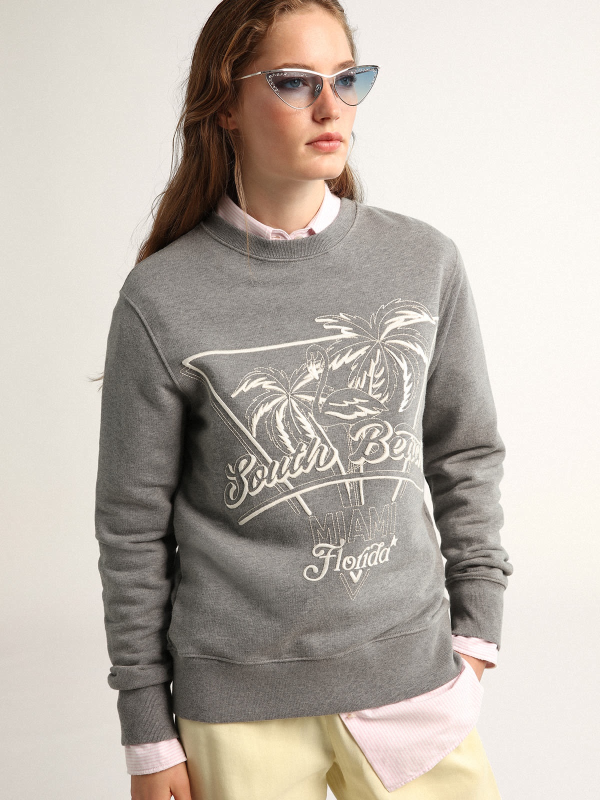 Gray Journey Collection sweatshirt with palm print and South Beach lettering in white - 2