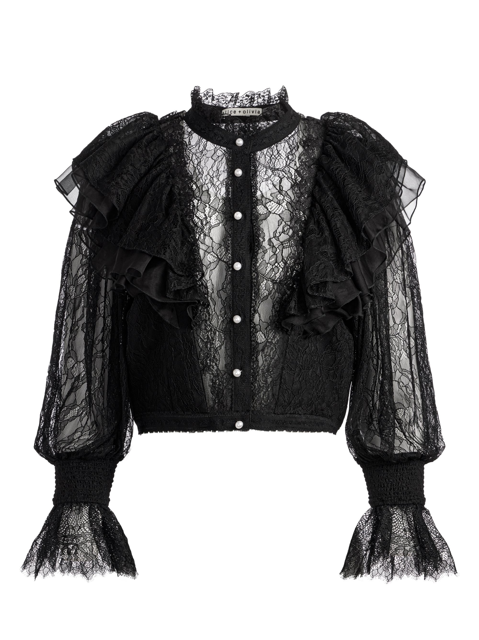 Alice + Olivia DELPHA RUFFLE LACE BLOUSON SLEEVE CROPPED TOP | REVERSIBLE