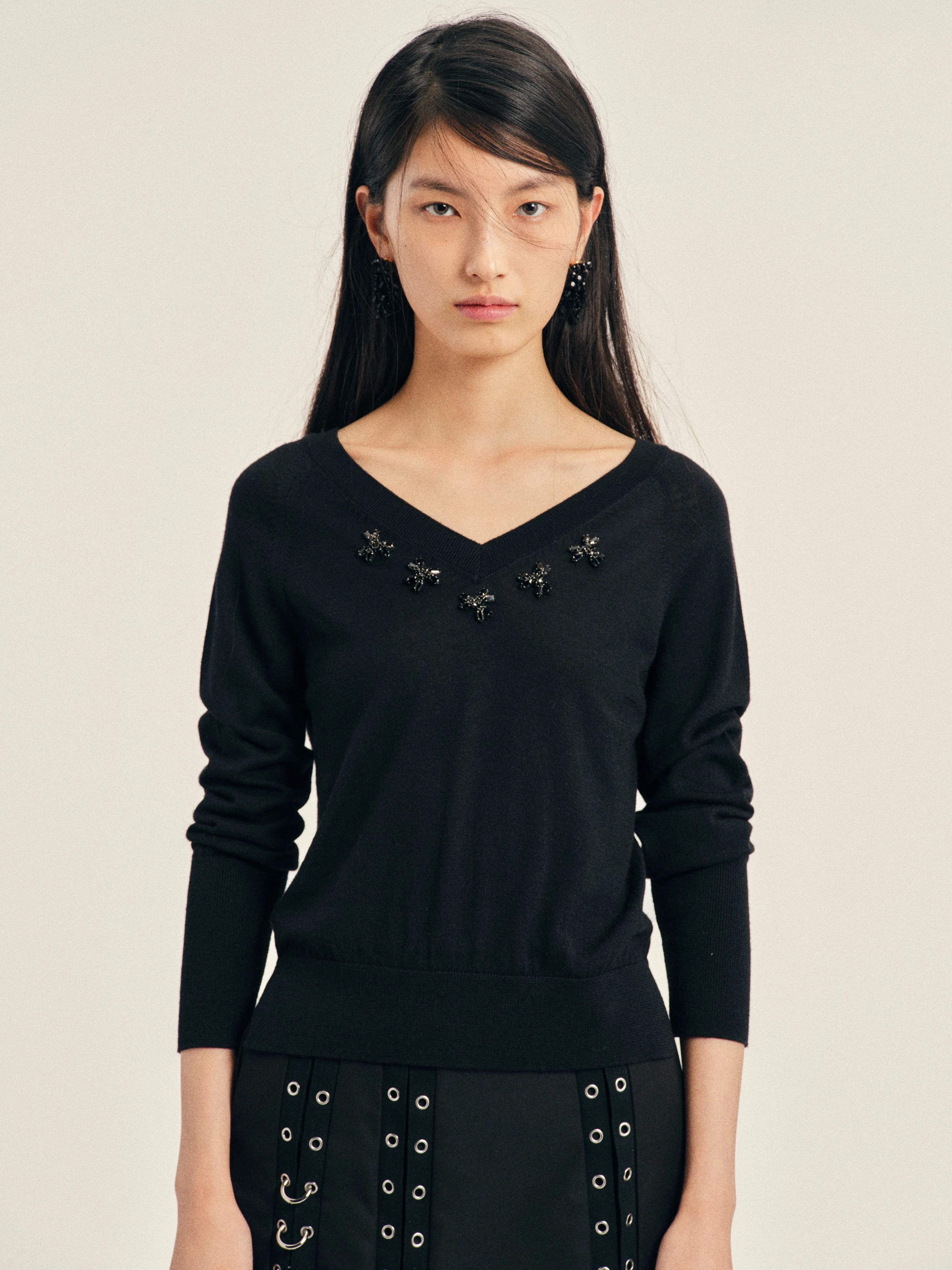 Turbo Embellished Merino Silk Double V-Neck Jumper - 1