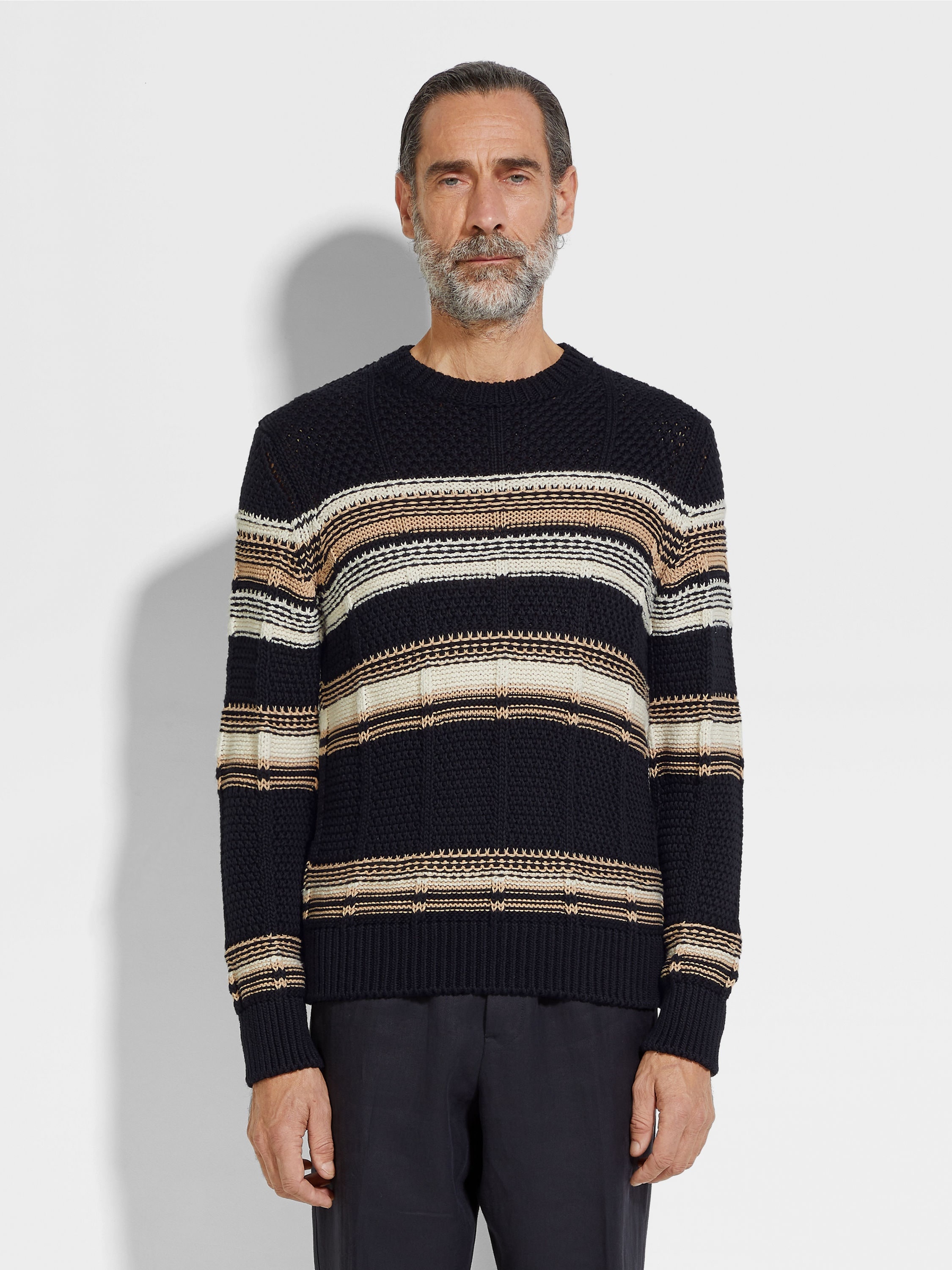 NAVY BLUE WHITE AND LIGHT BEIGE COTTON SILK AND LINEN CREWNECK - 4