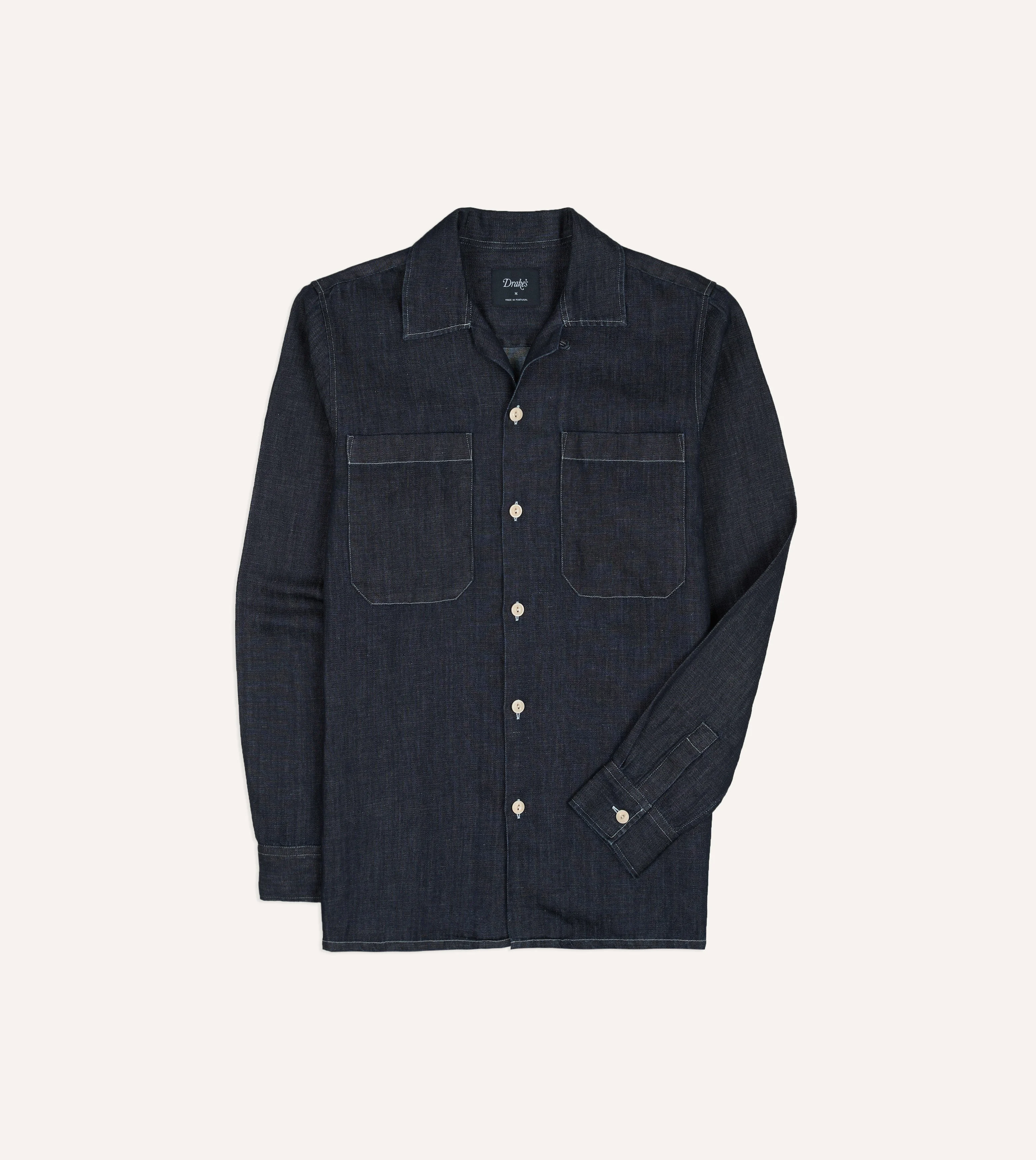 Navy Cotton-Hemp Denim Camp Collar Work Shirt - 1