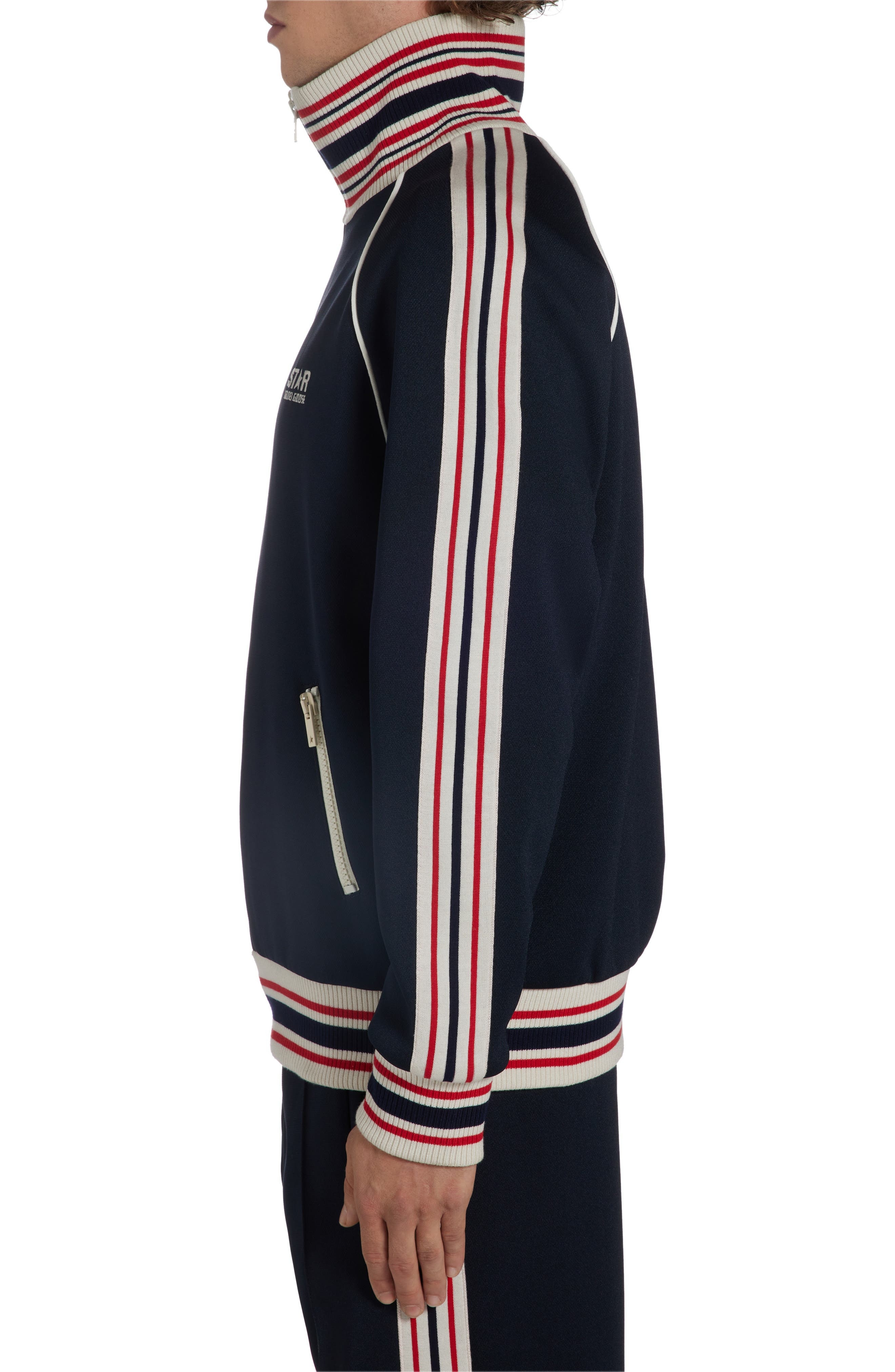 Golden Goose Stripe Trim Raglan Sleeve Track Jacket in Dark Blue/Papyrus at Nordstrom - 4