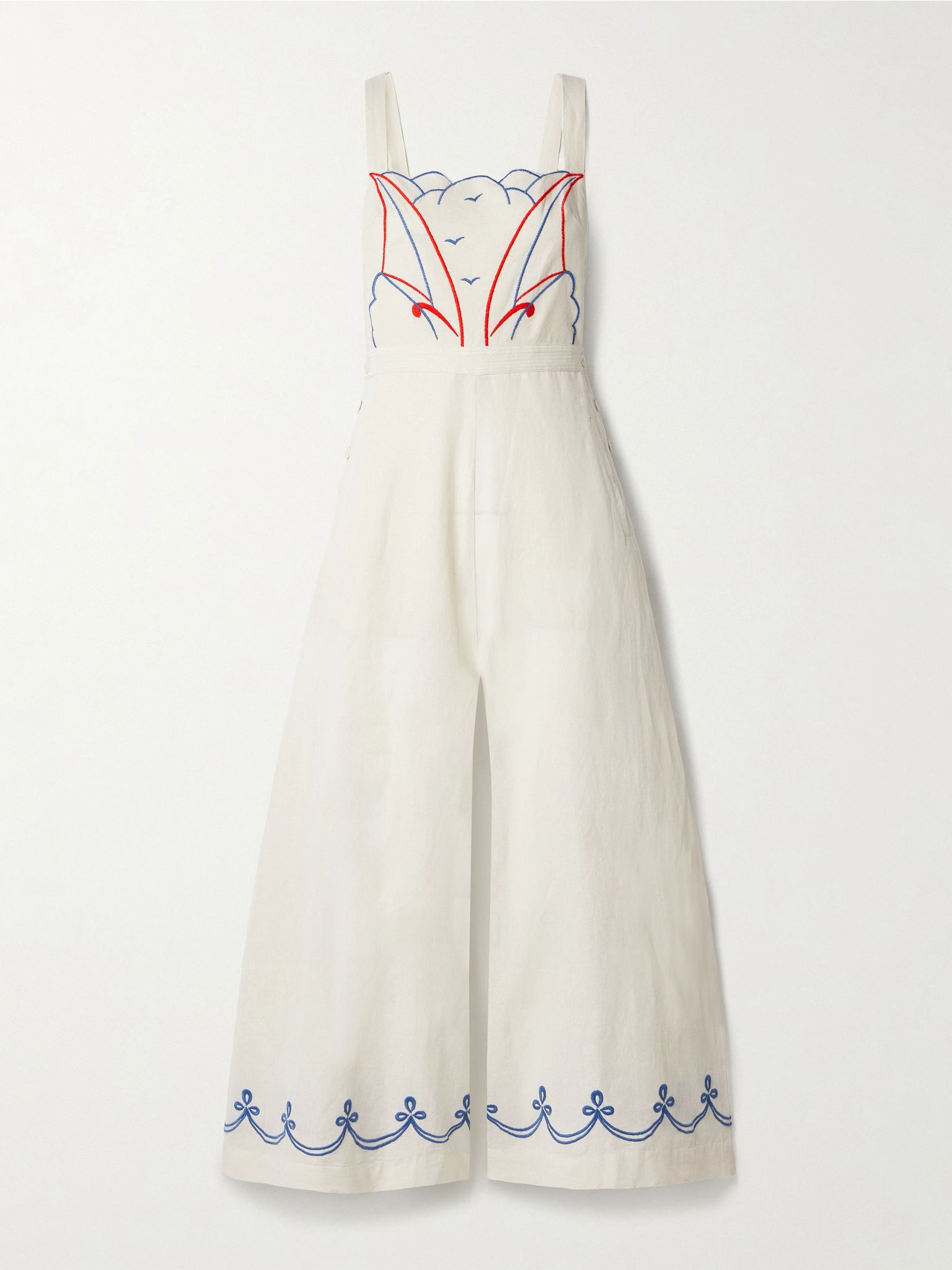 Embroidered cotton and linen-blend jumpsuit Cream - 1