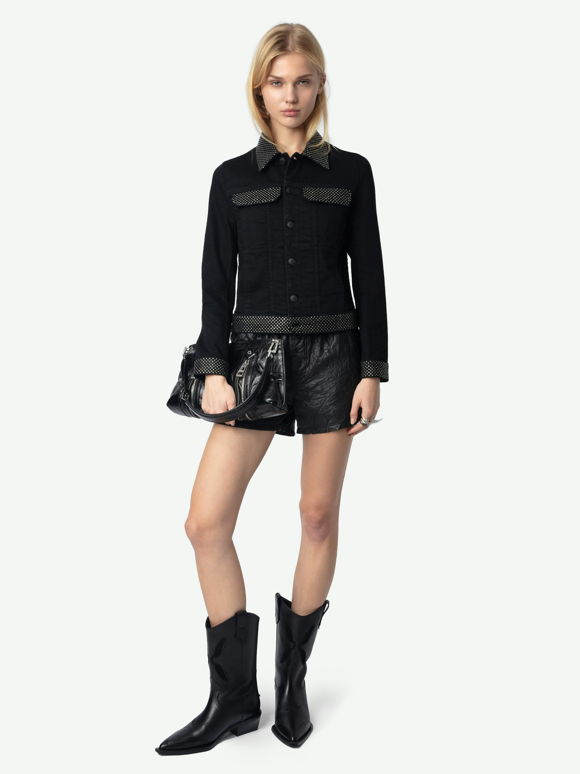 Kioky Black Denim Jacket with Rhinestones - 2