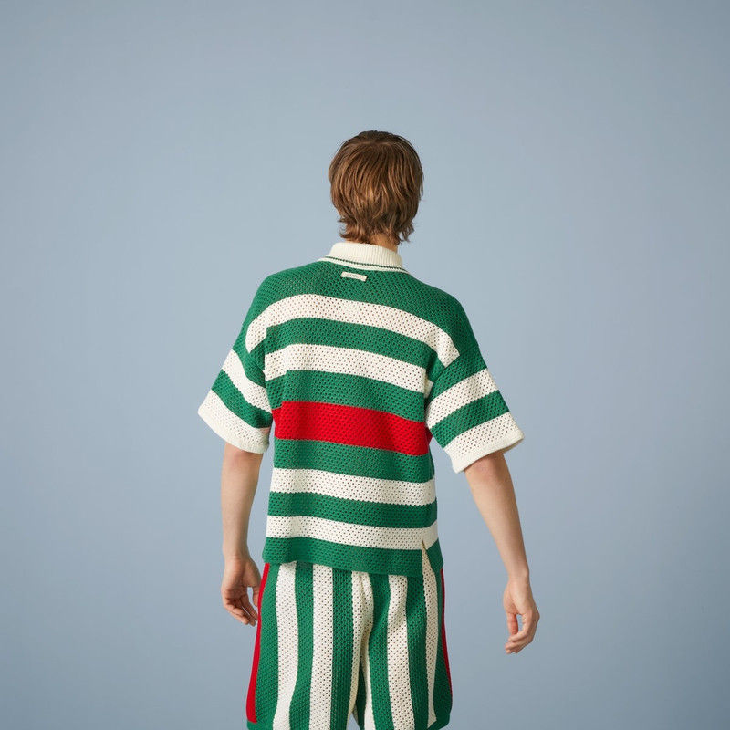 Cotton crochet striped polo T-shirt 6