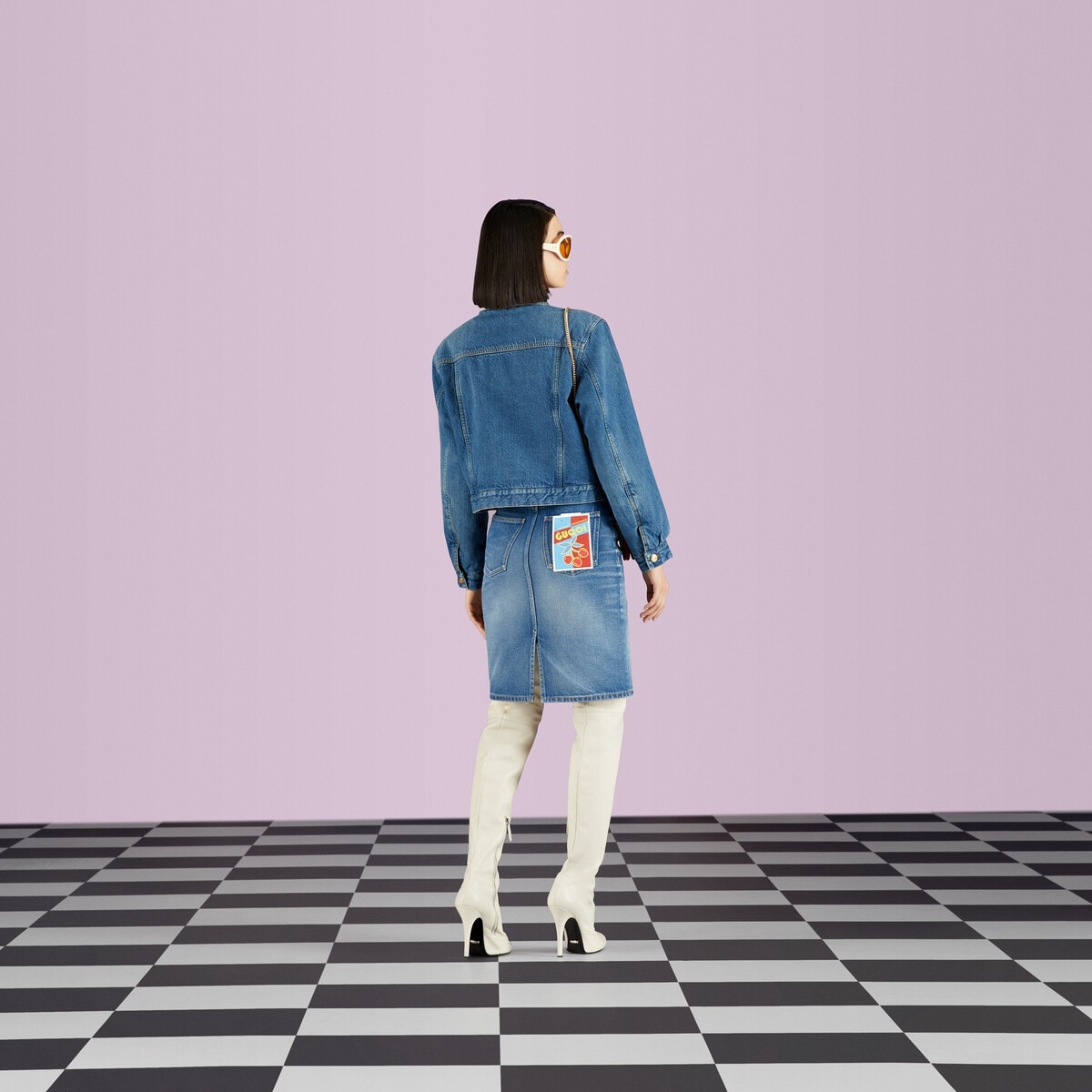 Denim skirt with Gucci label - 3