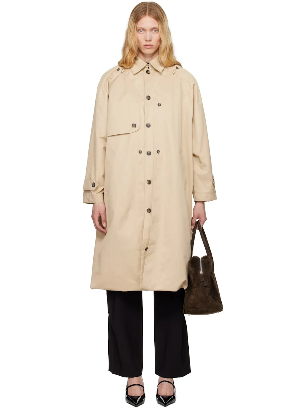 Beige Balloon Shape Buttoned Trench Coat - 1