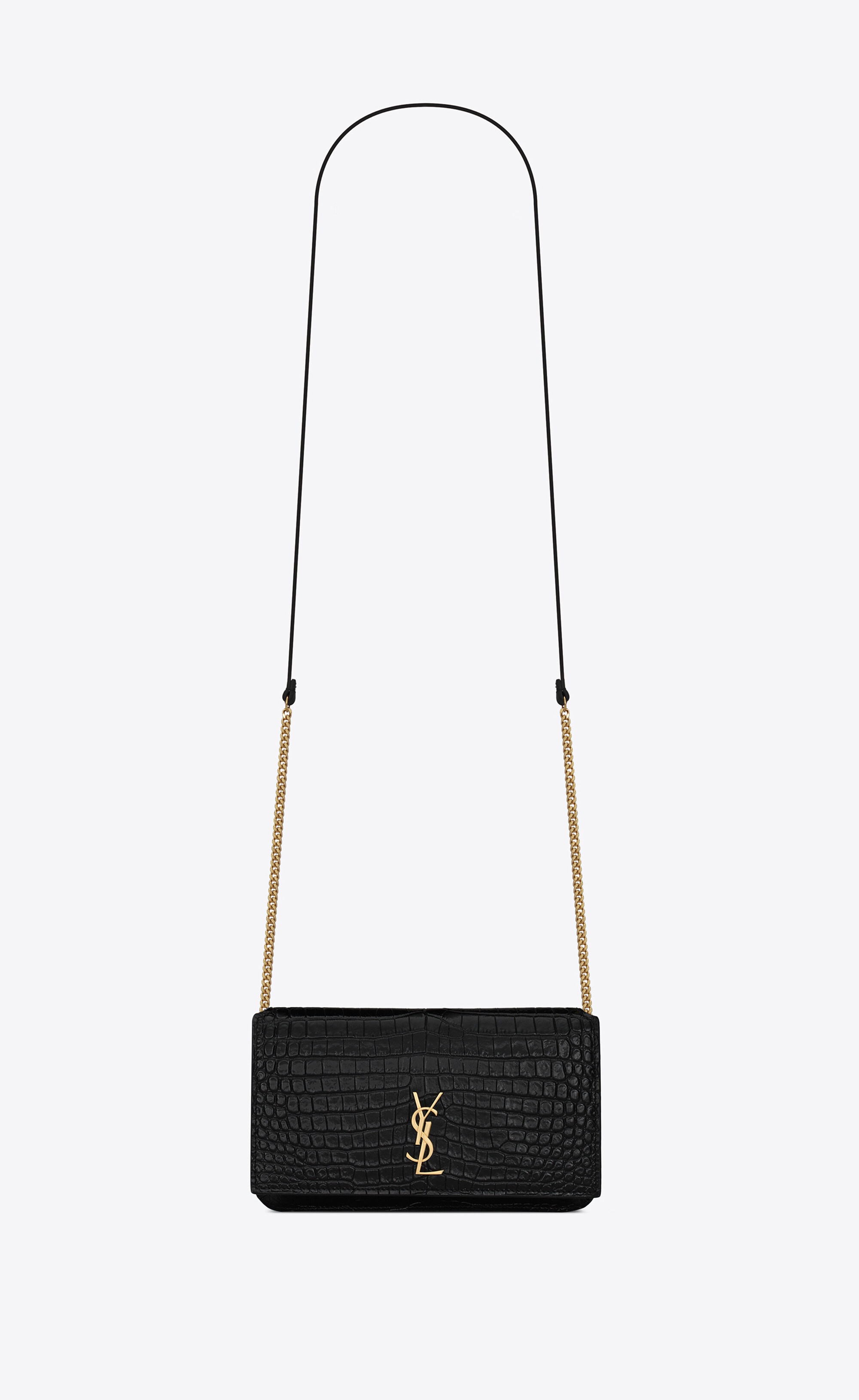 cassandre saint laurent phone holder with strap in shiny crocodile-embossed leather - 3