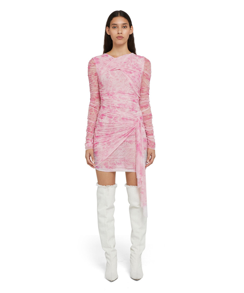 Stretch tulle draped mini dress with "trompe l'oeil lace" print - 1