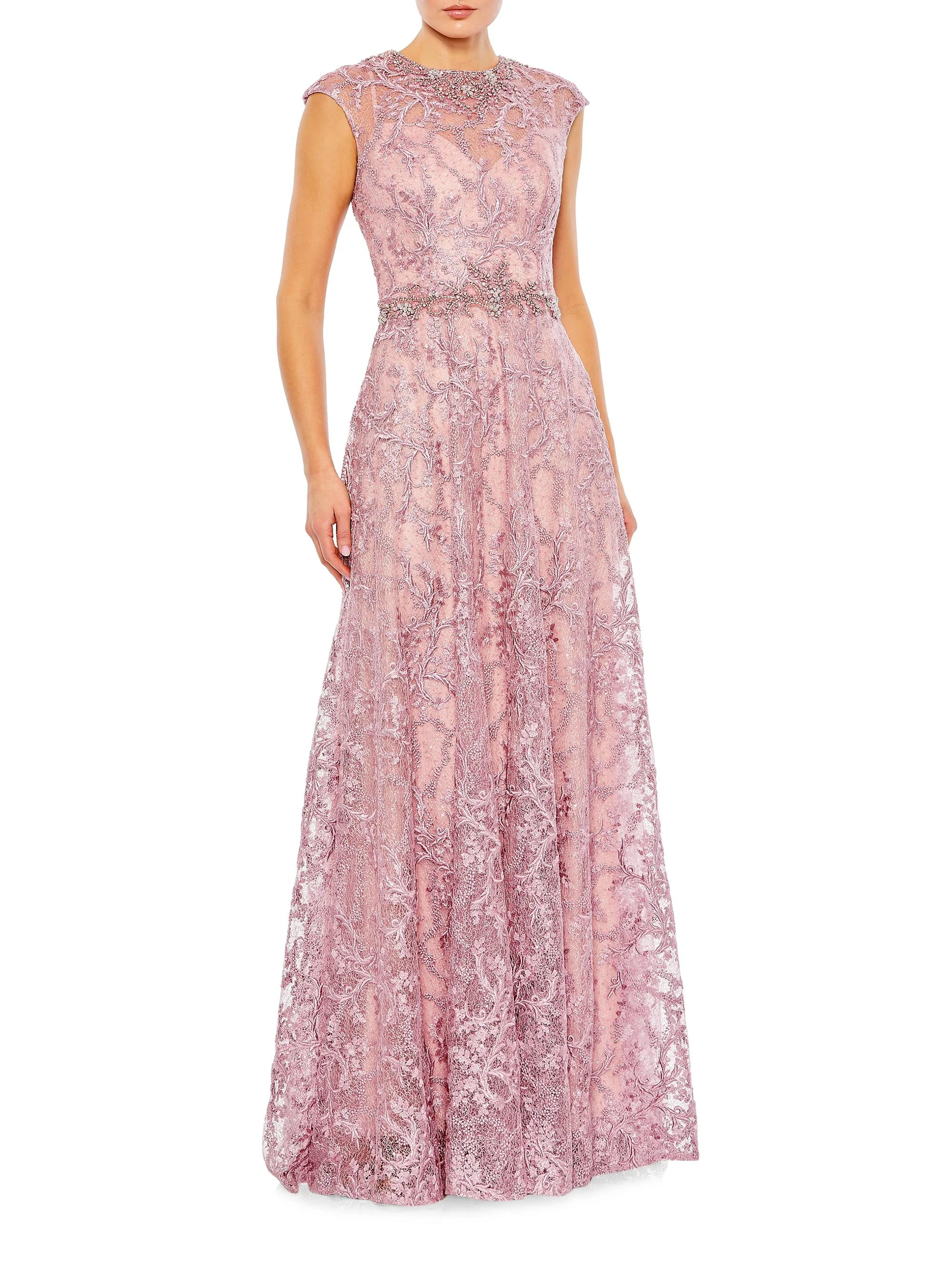 Women's Embroidered Illusion Cap-Sleeve Gown - Rose - 1