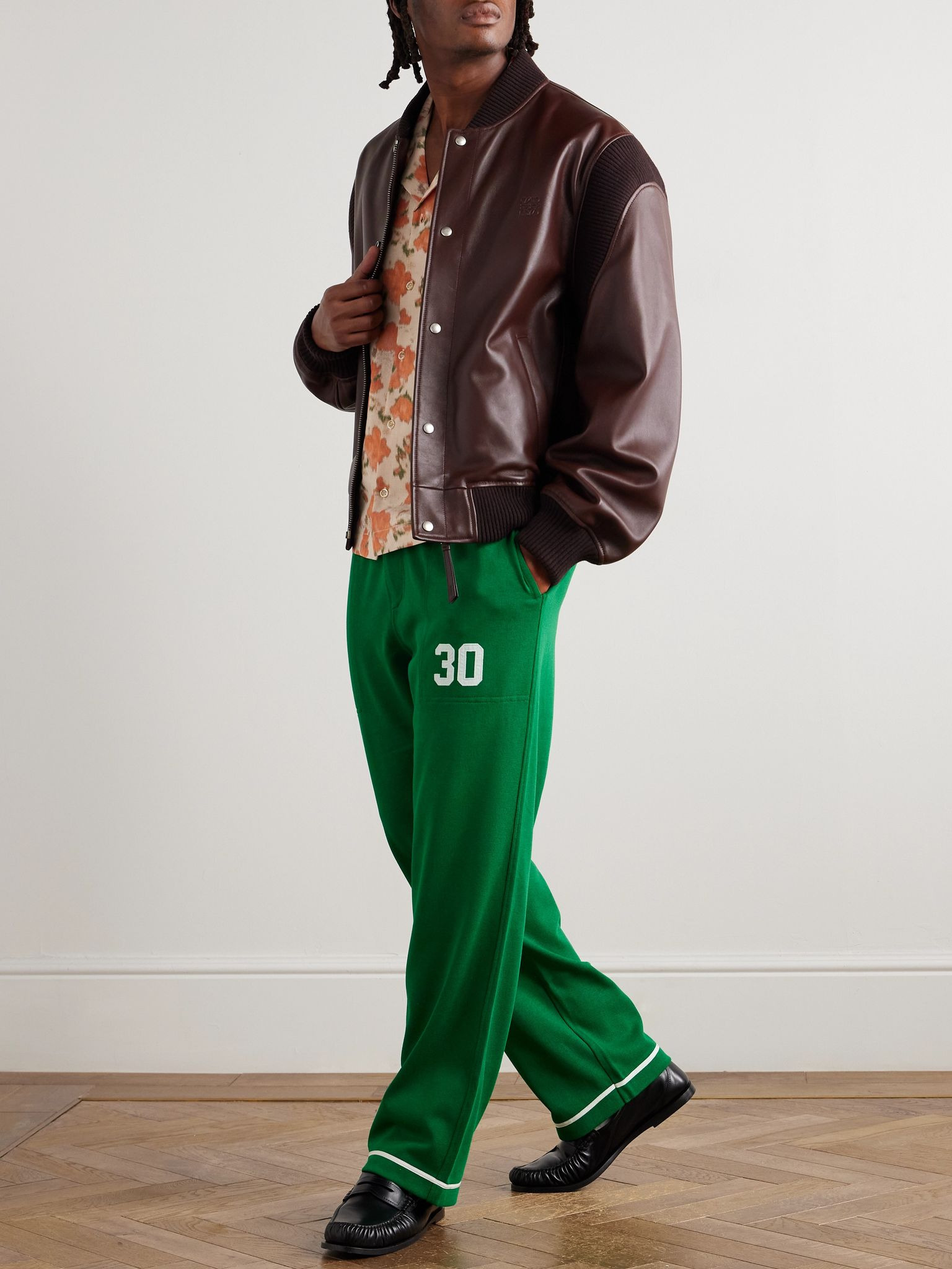Logo-Debossed Ribbed-Knit Trimmed Leather Bomber Jacket Dark brown - 2