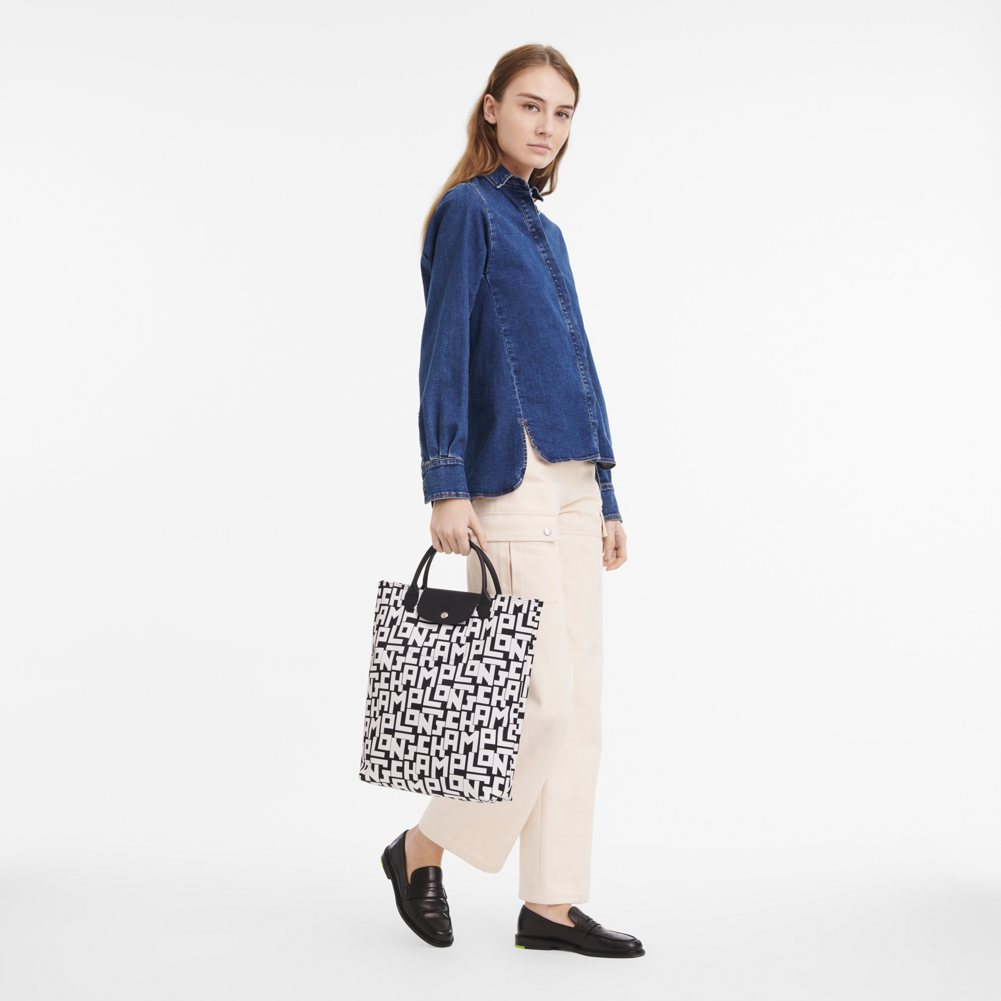 Le Pliage LGP M Tote bag Black/White - Canvas - 2