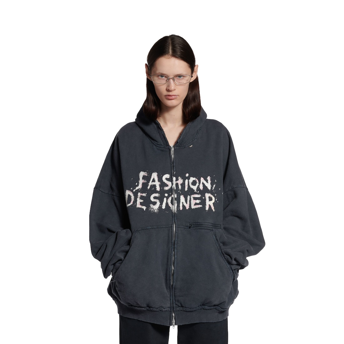 Fashion Designer Pulled Zip-up Hoodie Large Fit in Faded Black - 5