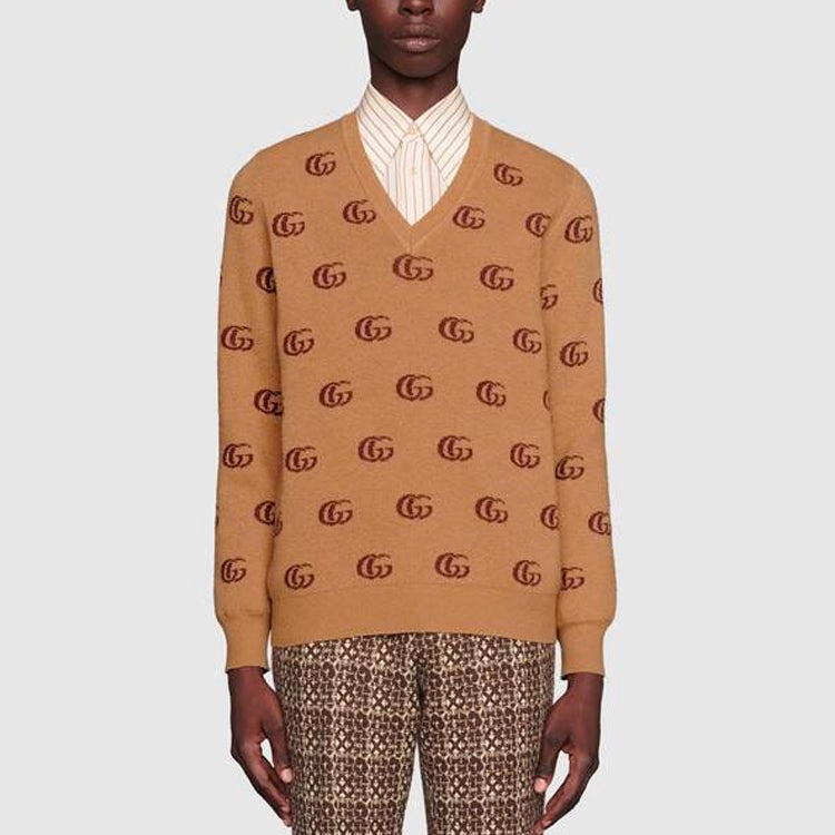 Gucci Double G Jacquard Wool V-Neck Sweater 'Camel Brown' 645292-XKBPF-8011 - 2