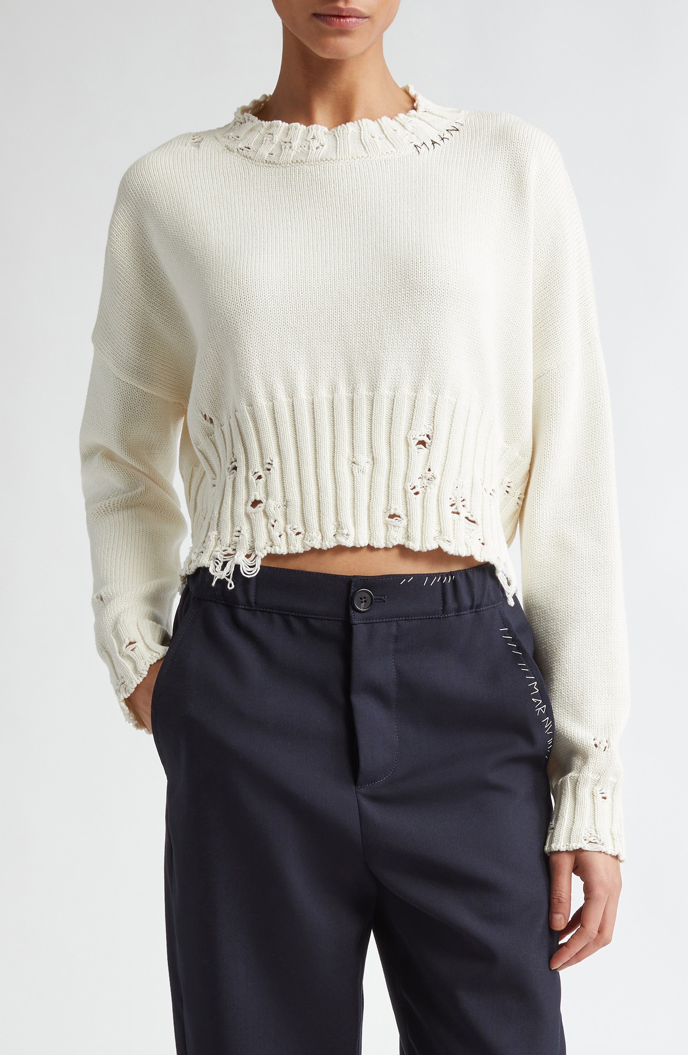 Distressed Cotton Crop Sweater - 1
