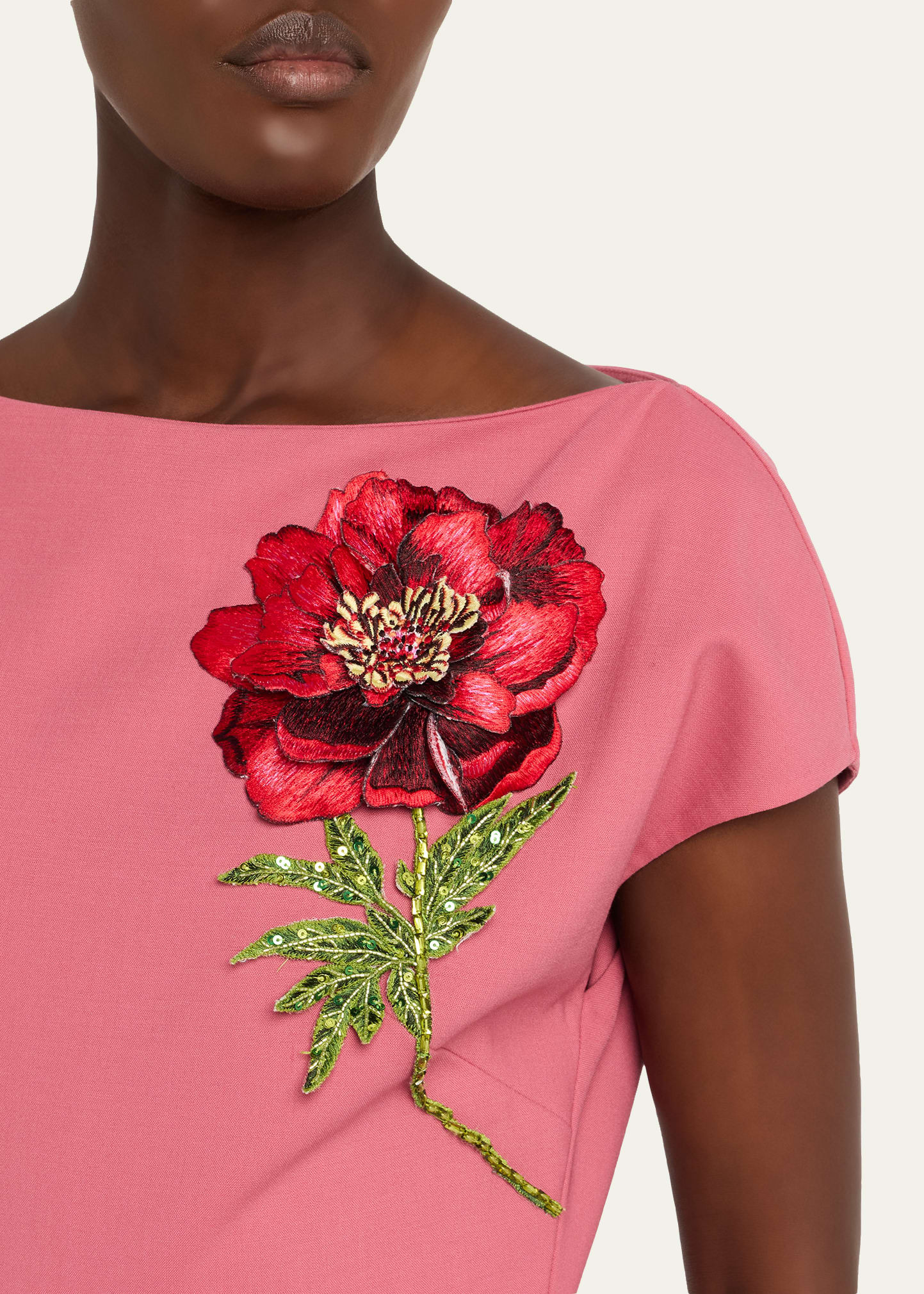 Floral Embroidered Short-Sleeve Wool Midi Dress - 5