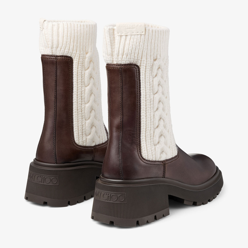 JIMMY CHOO Tamia Flat
Chocolate Shiny Calf Leather Ankle Boots with Cable Knit outlook