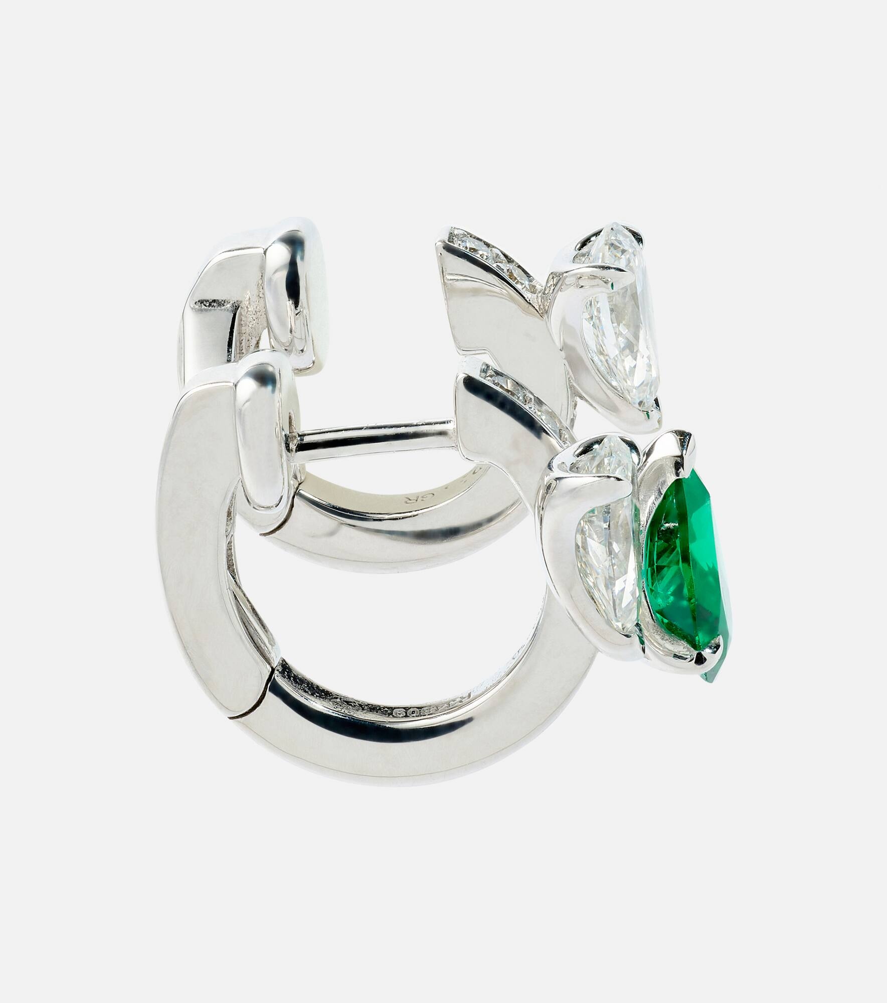 Serti Sur Vide 18kt white gold single earring with diamonds and emerald - 4