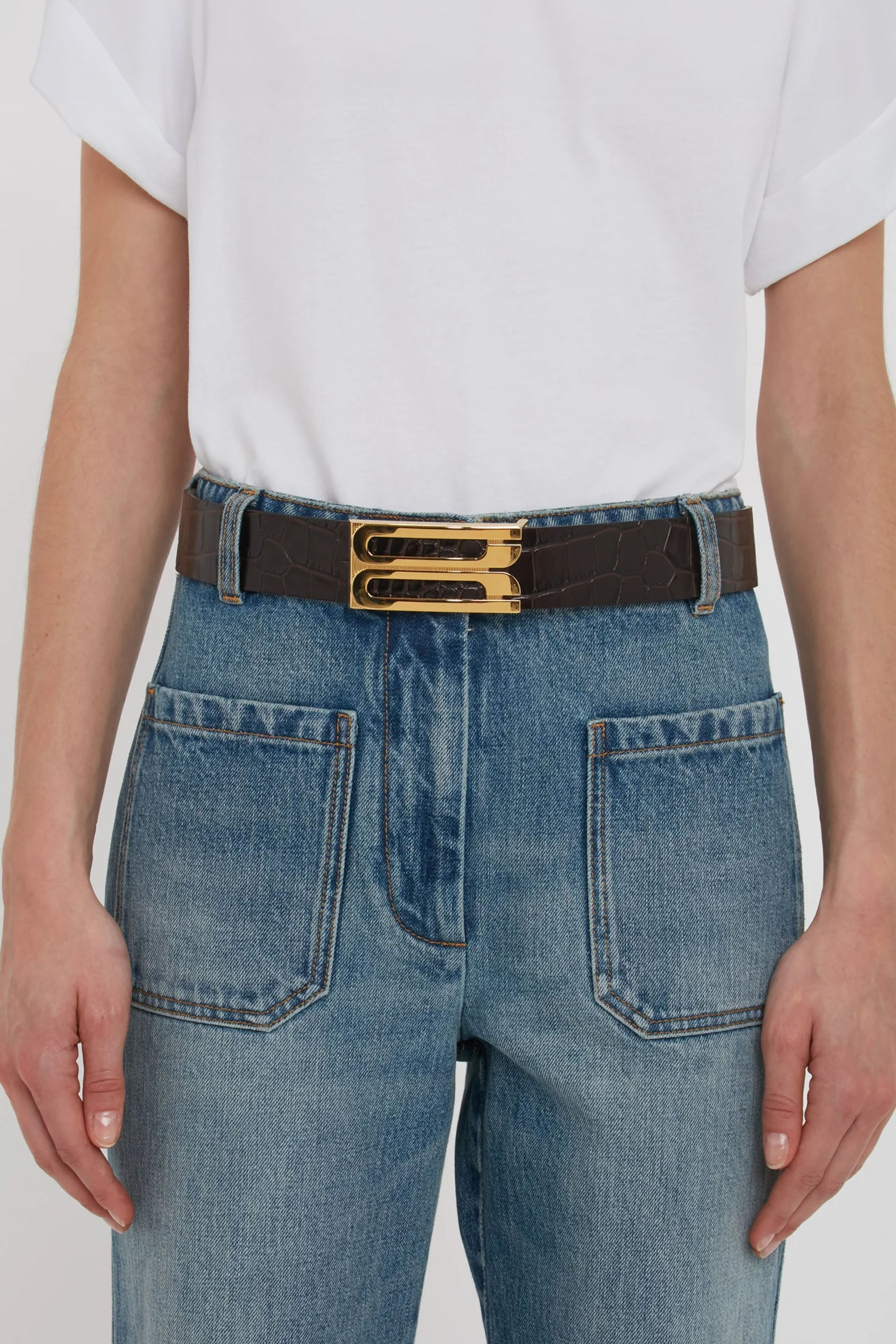 Jumbo Frame Belt In Espresso Croc Embossed Calf Leather - 2