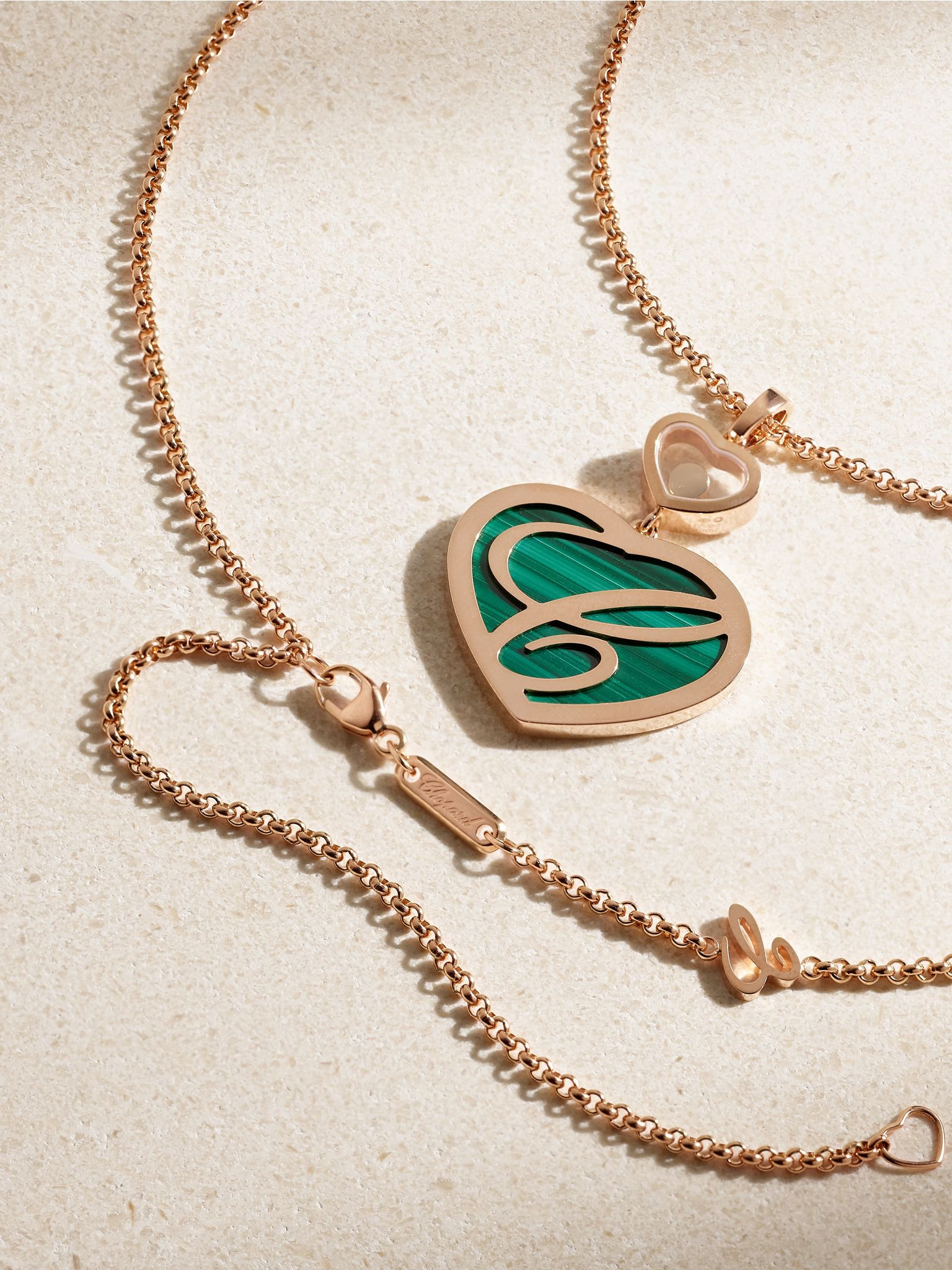 Happy Hearts 18-karat rose gold, malachite and diamond necklace Gold - 3