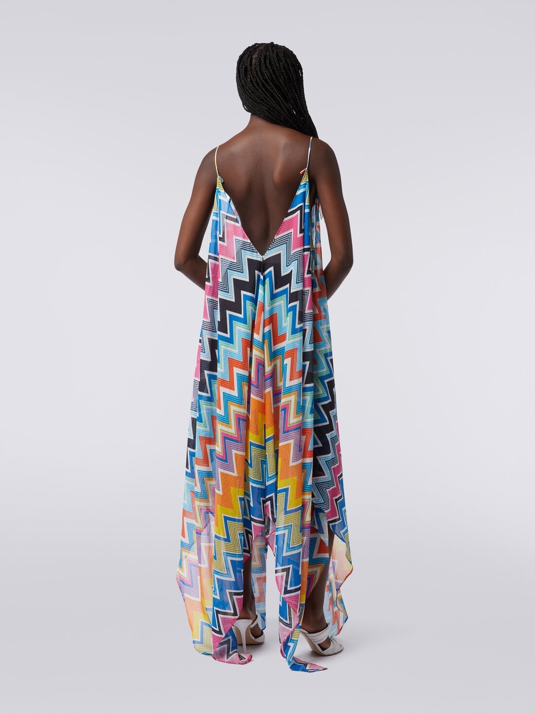 Long cover-up with neck scarf cut in printed cotton and silk - 4