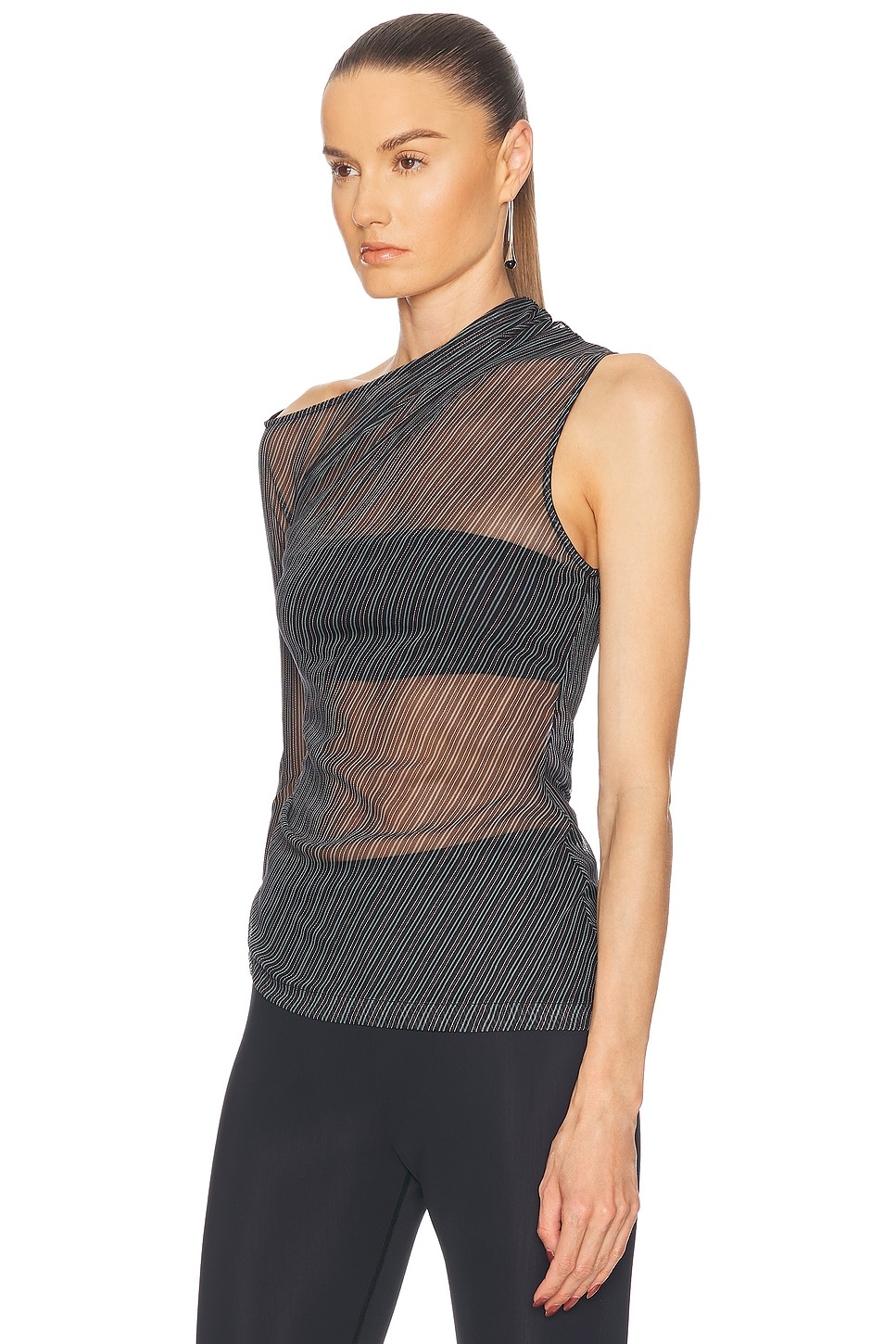 One Shoulder Striped Mesh Top - 3