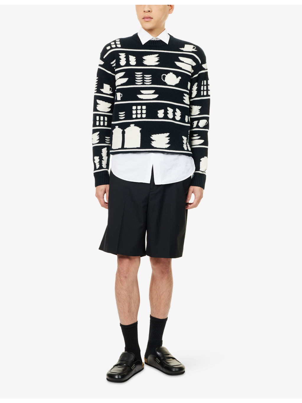 Crockery-Pattern Crewneck Knitted Wool Jumper - 2