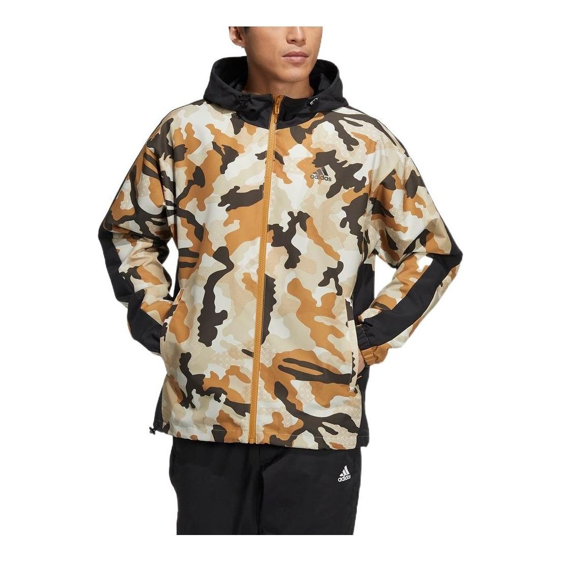 Men's adidas Camouflage Adjustable Hooded Sports Gym Jacket Brown HE7451 - 1