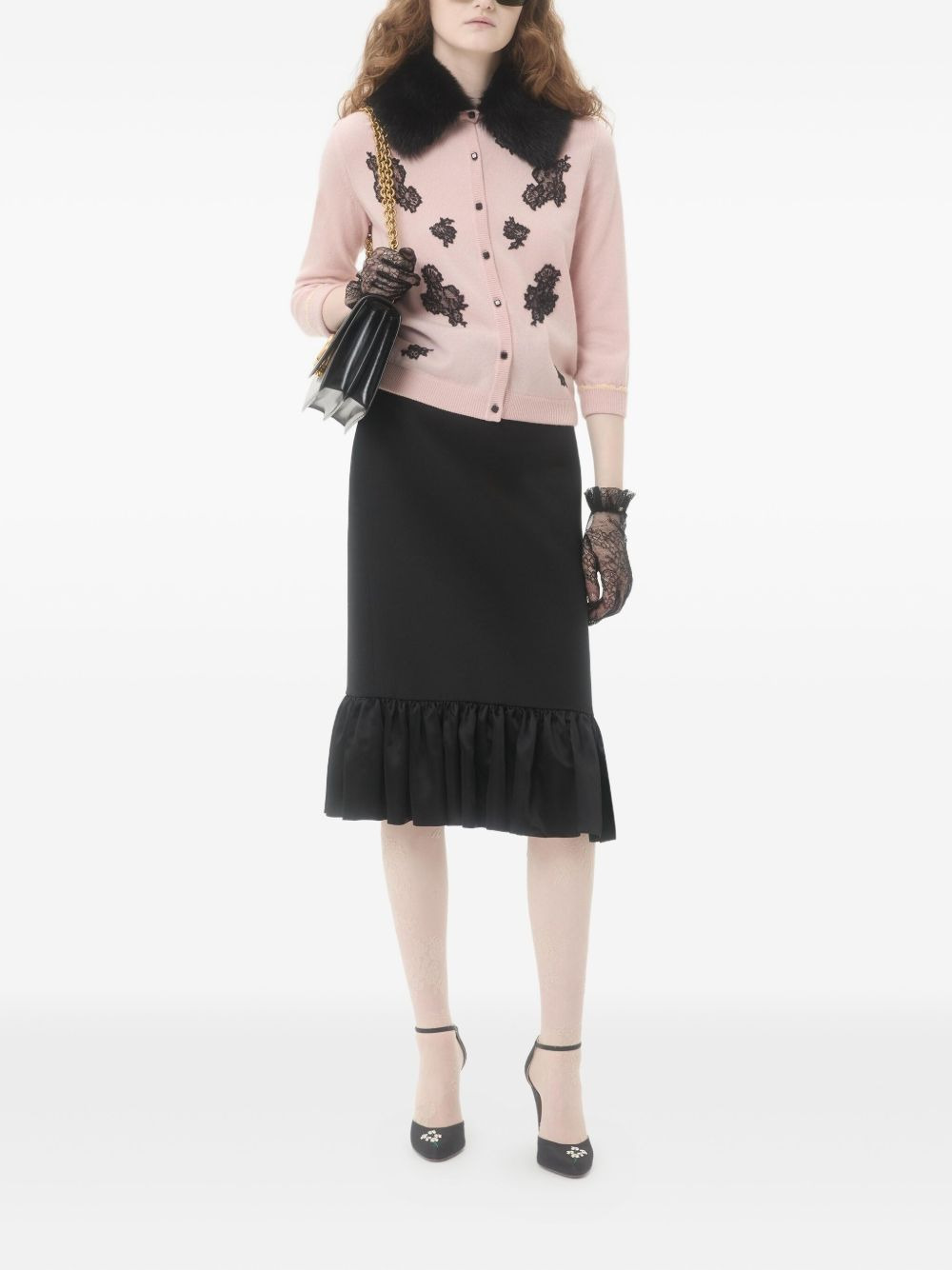 lace-embellished shearling-collar cardigan - 2