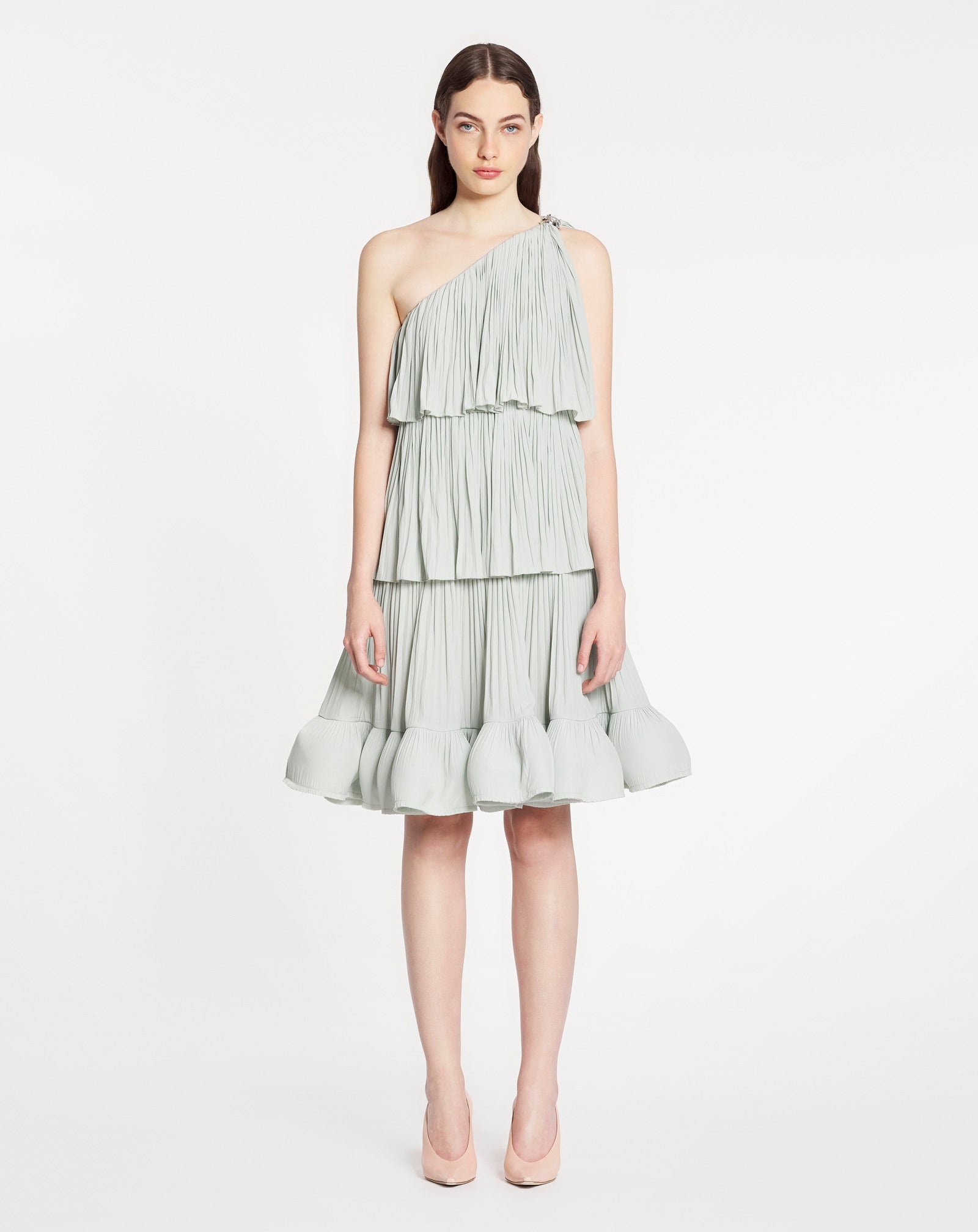 ASYMETRIC 3 LAYER DRESS WITH RUFFLES IN CHARMEUSE - 2