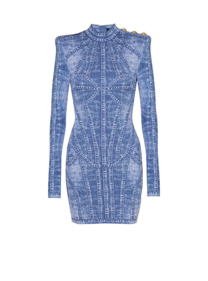 Short jacquard knit dress with denim effect - 1