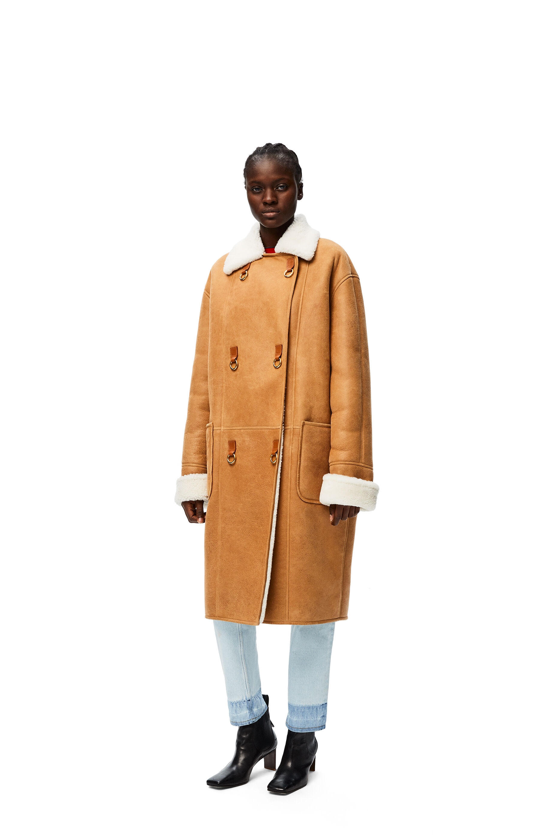 Oversize double breasted coat in shearling - 3