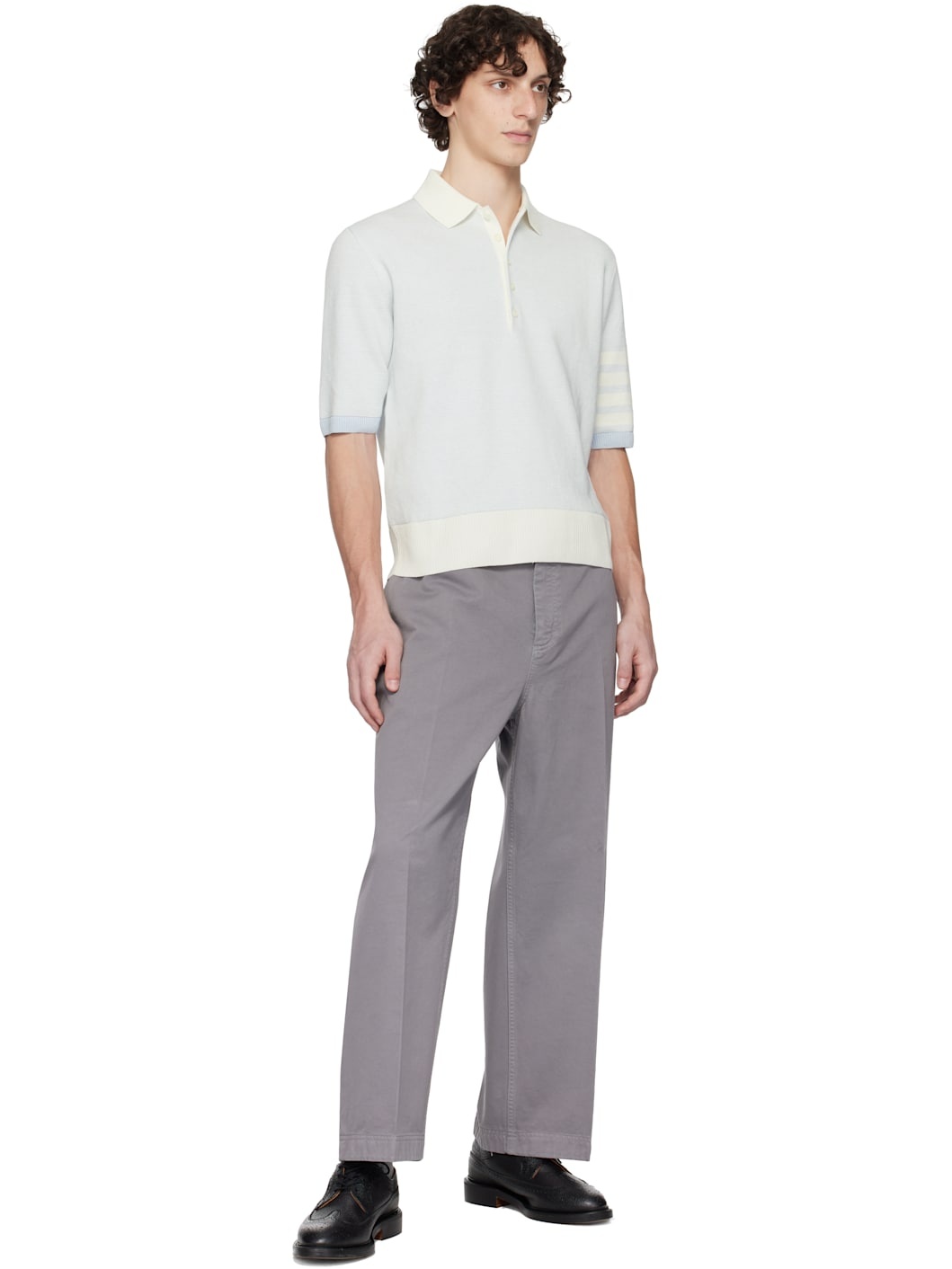 Blue & Off-White Textured Striped Stitch 4-Bar Relaxed Polo - 4